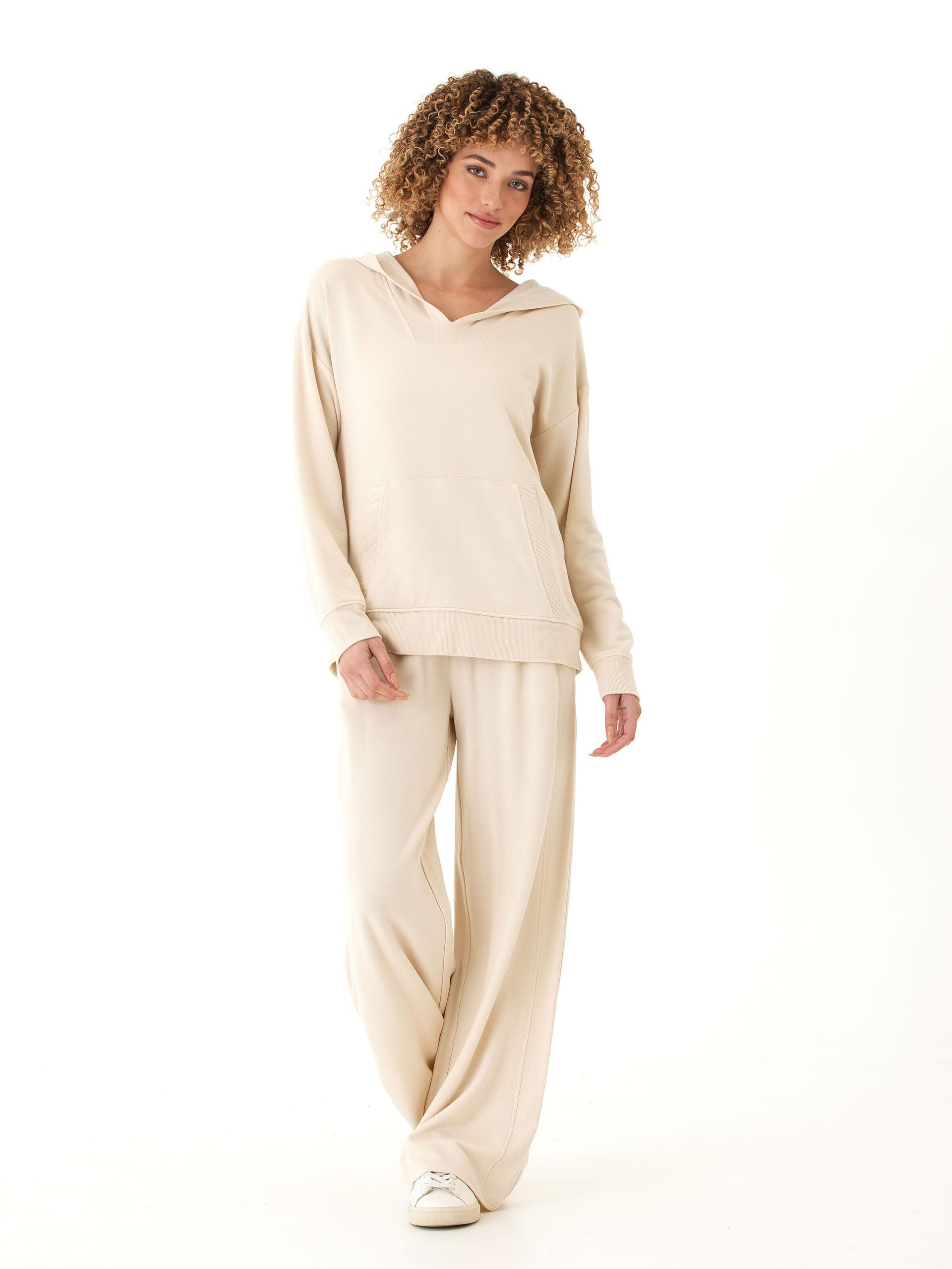Raya Feather Fleece Pullover Hoodie for Women in Beige and Cream