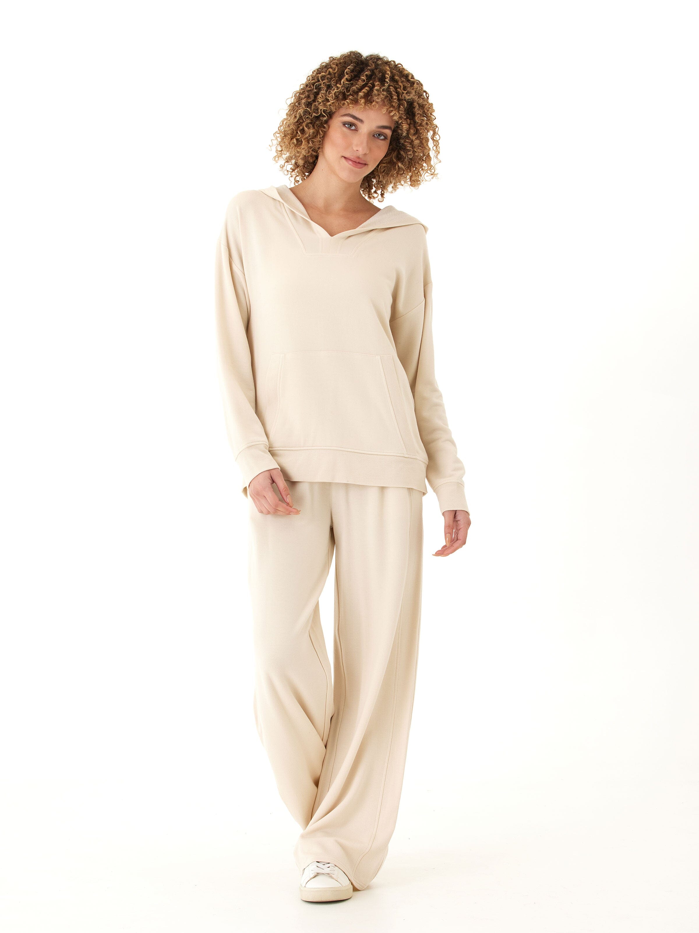 Raya Feather Fleece Pullover Hoodie for Women in Beige and Cream