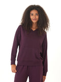 Raya Feather Fleece Pullover Hoodie in dark purple, featuring a V-neck and oversized fit