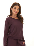 Close-up of the buttery-soft texture of the Suzanne Feather Fleece Raglan Pullover in a relaxed fit.
