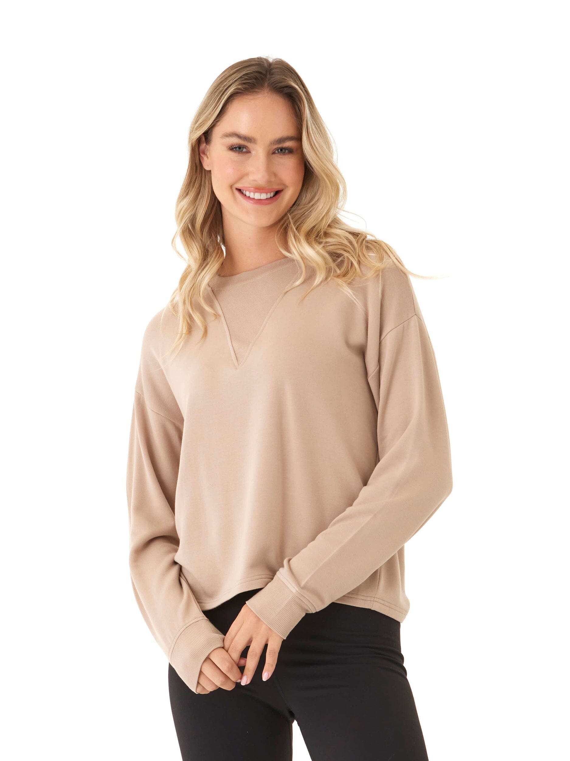 Feather Fleece Panel Pullover with Ribbed Crewneck Detail