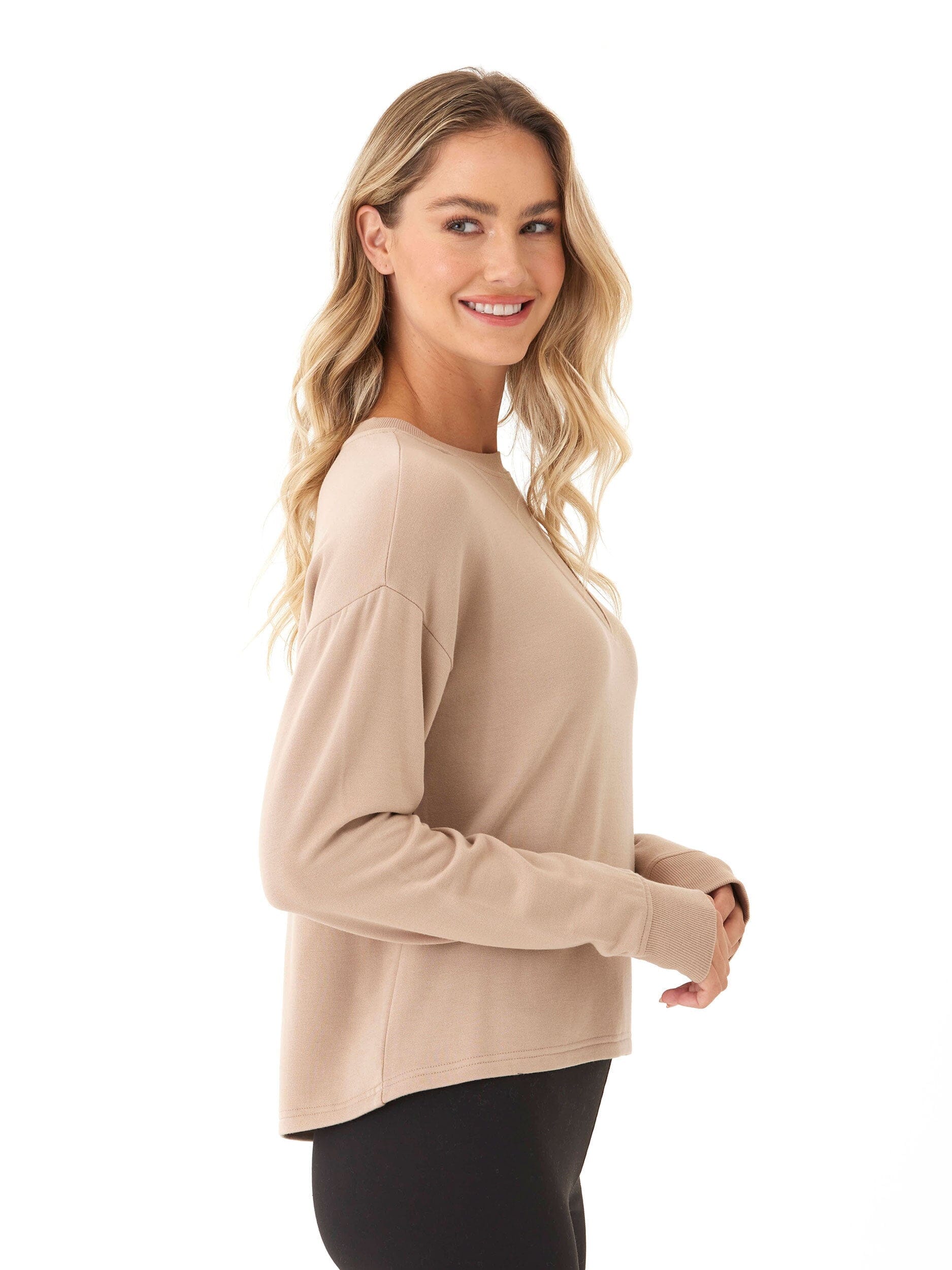 Feather Fleece Panel Pullover with Ribbed Crewneck Detail