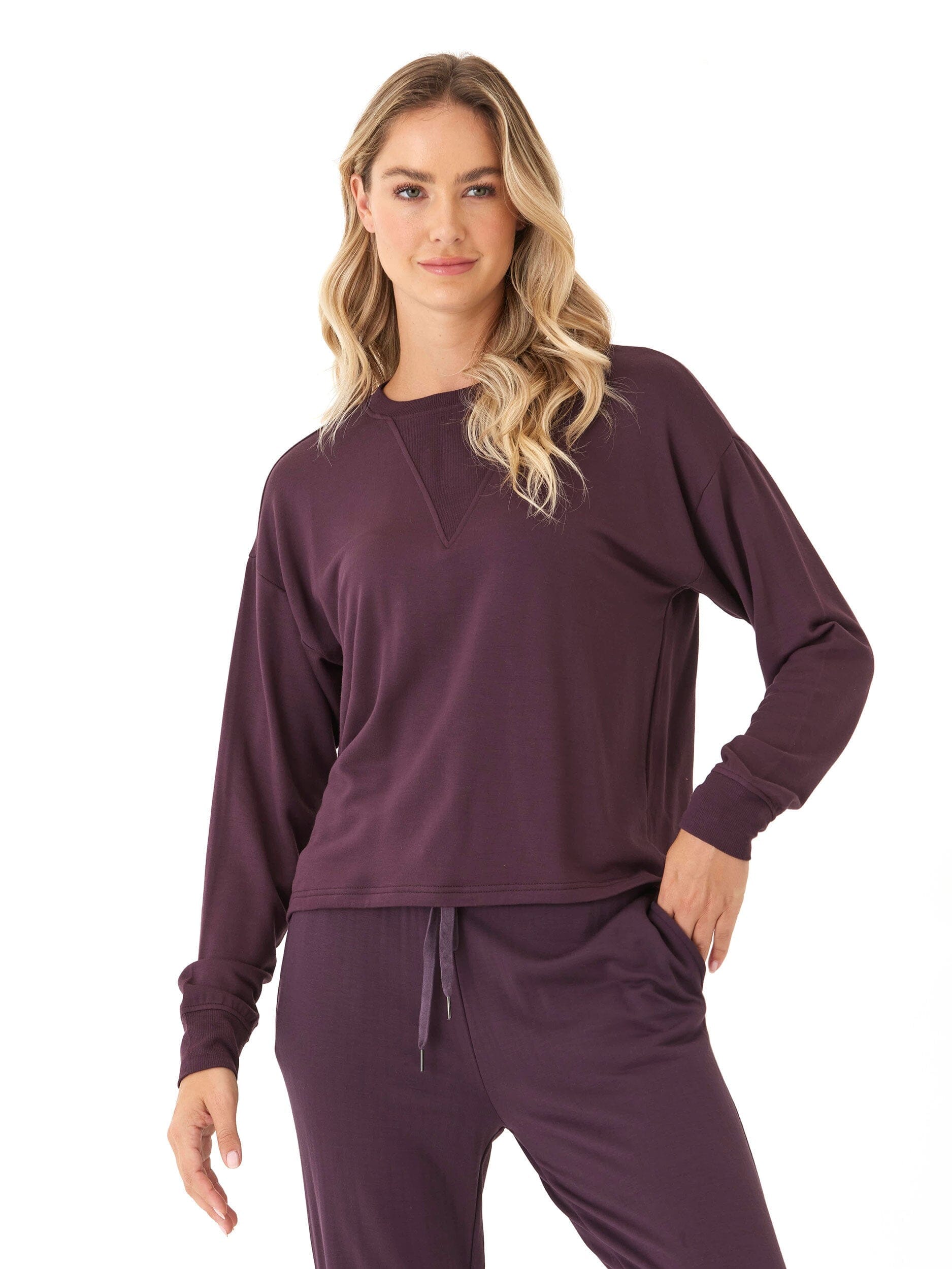 Darby Feather Fleece Panel Pullover featuring ribbed neck and cuff detail in soft fleece fabric