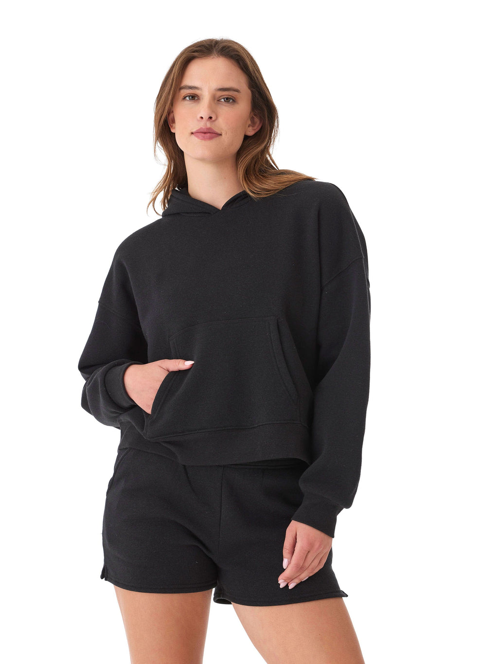 Women's black Marcellina Triblend Fleece Pullover Hoodie, sporty loungewear style