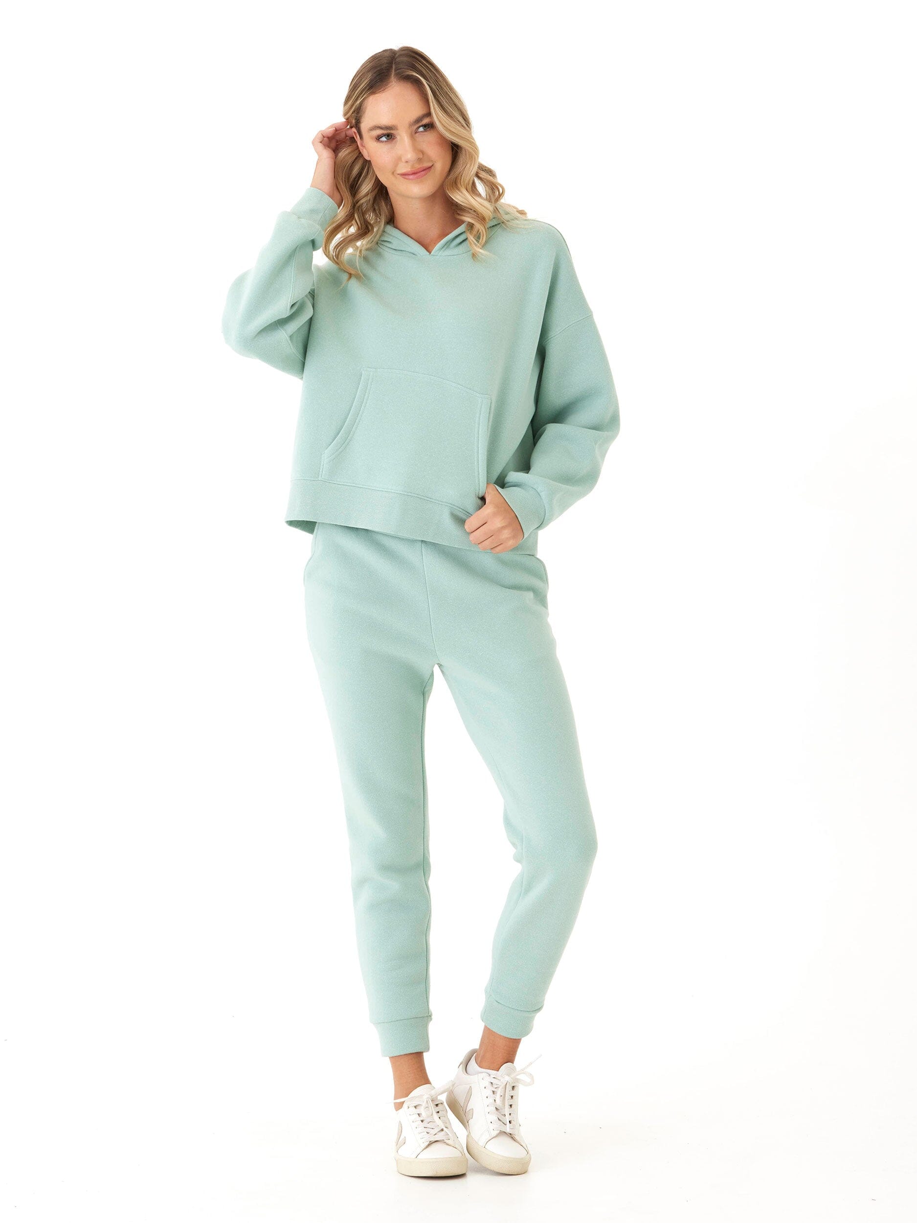 Women's Triblend Fleece Pullover Hoodie in Mint Green and Pale Sage