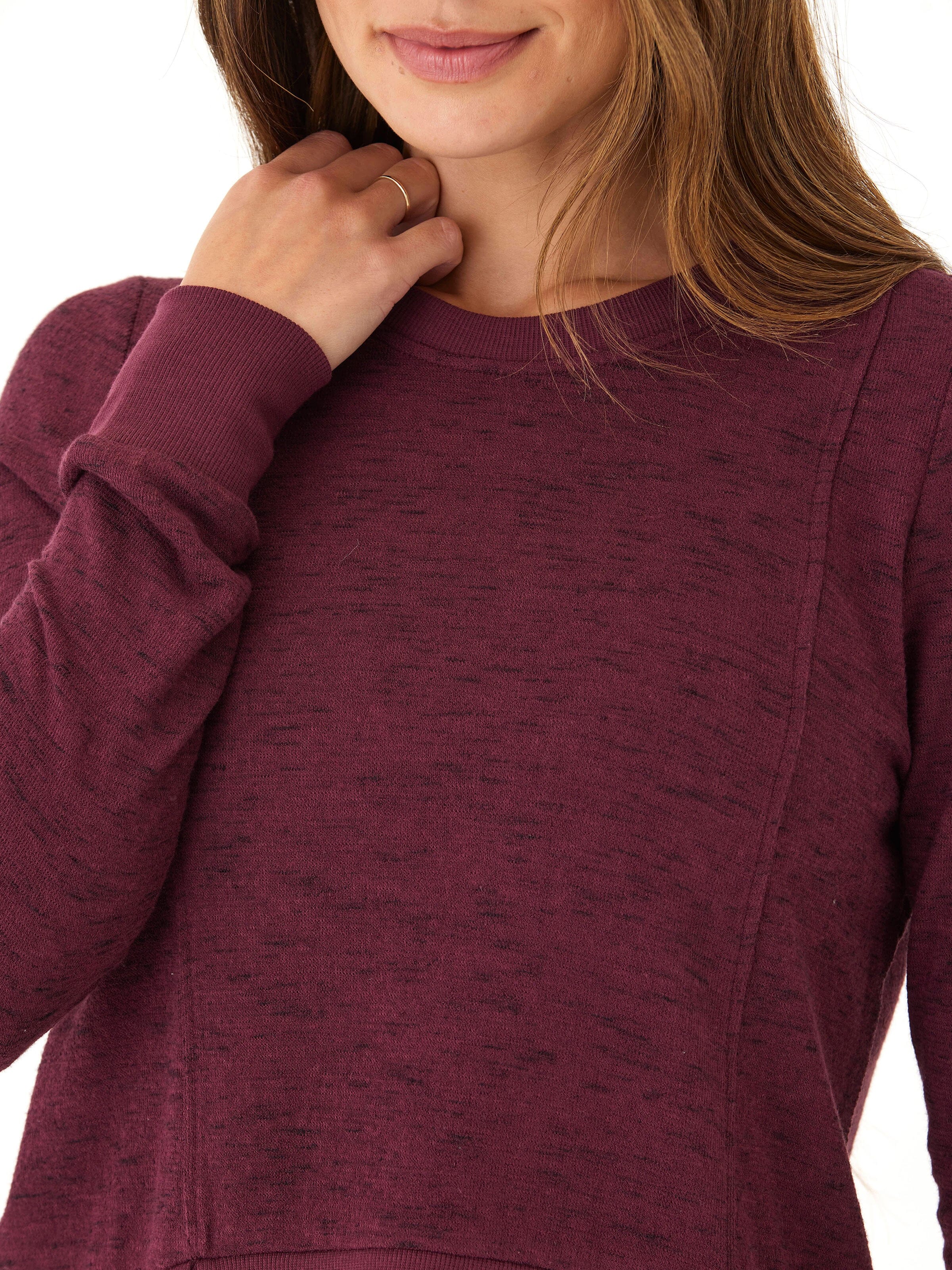Women's Burgundy Slub Knit Pullover Crew Neck Relaxed Fit Top