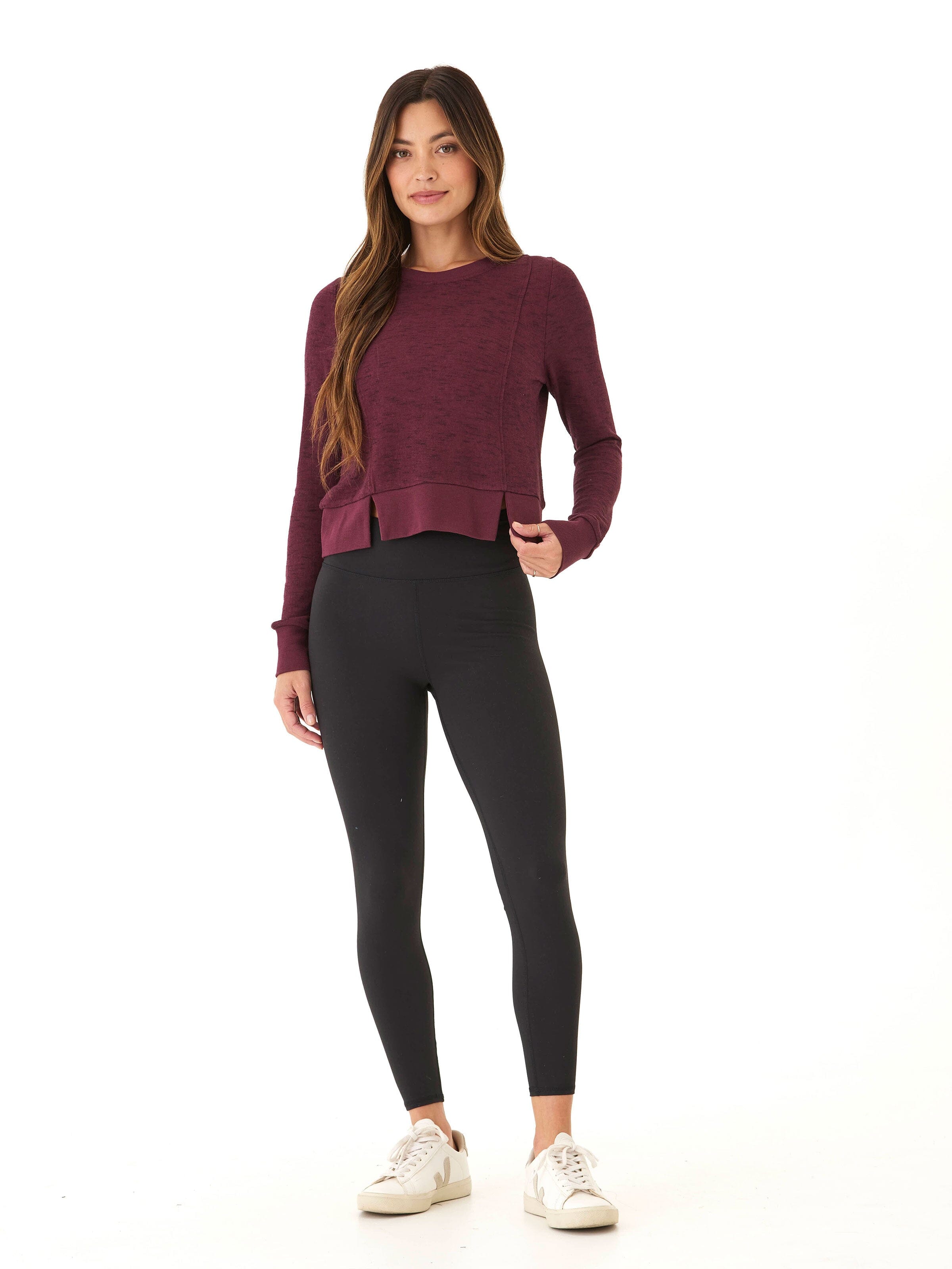 Women's Burgundy Slub Knit Pullover Crew Neck Relaxed Fit Top
