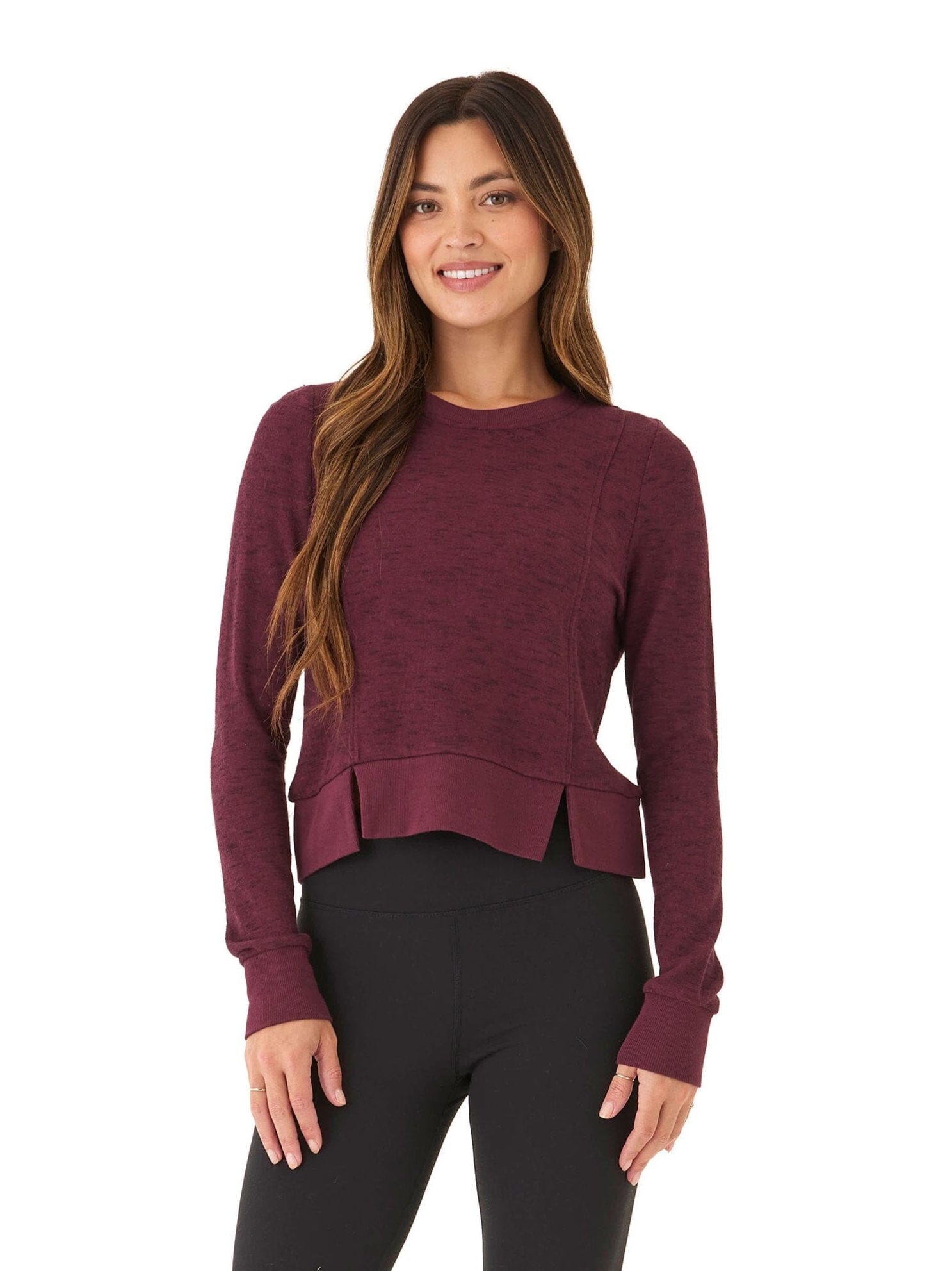 Women's Burgundy Slub Knit Pullover Crew Neck Relaxed Fit Top
