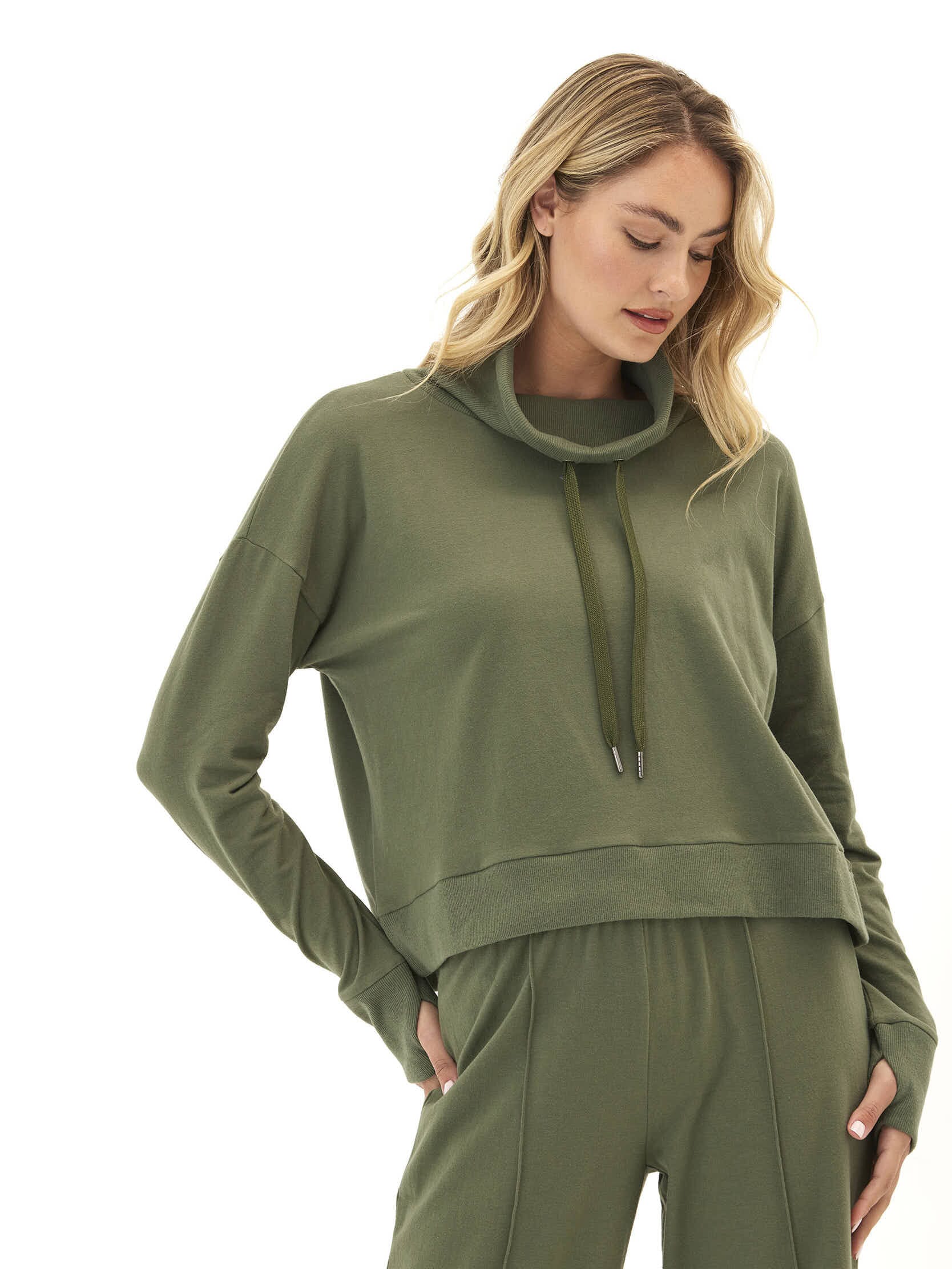Shai Women's Olive Green Cozy Fleece Cowl Neck Pullover