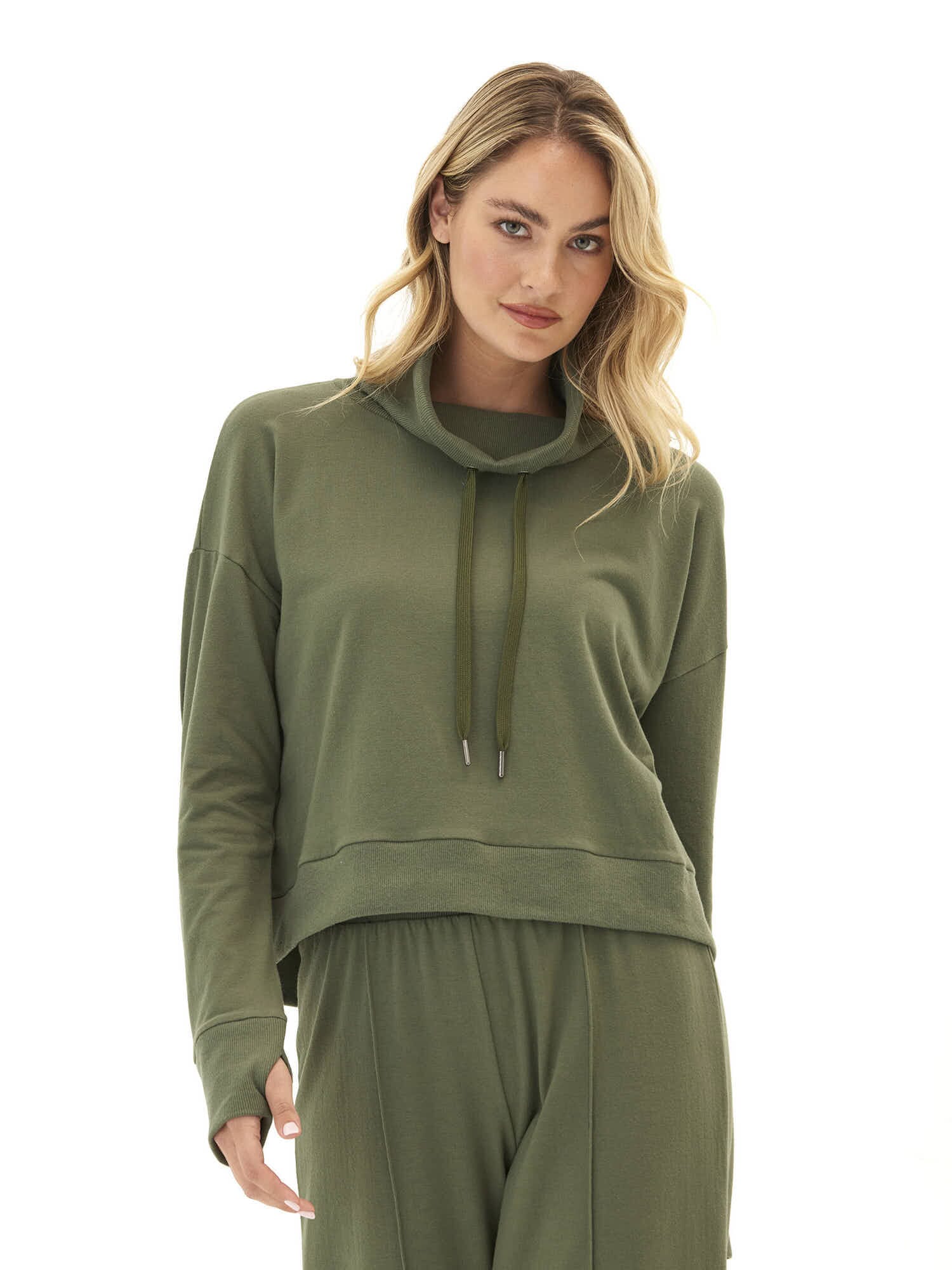 Shai Women's Olive Green Cozy Fleece Cowl Neck Pullover