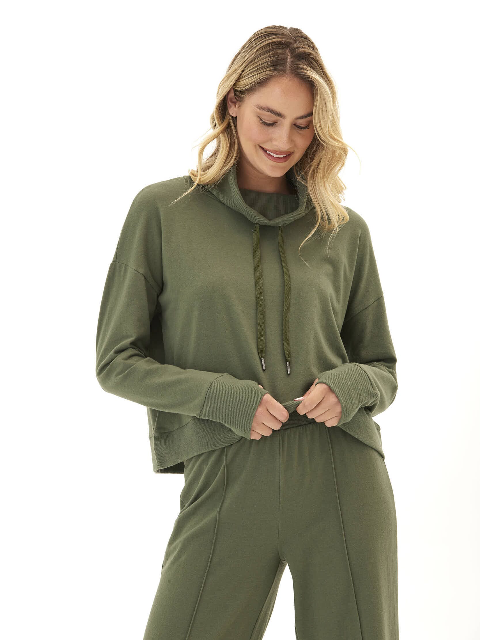 Shai Women's Olive Green Cozy Fleece Cowl Neck Pullover