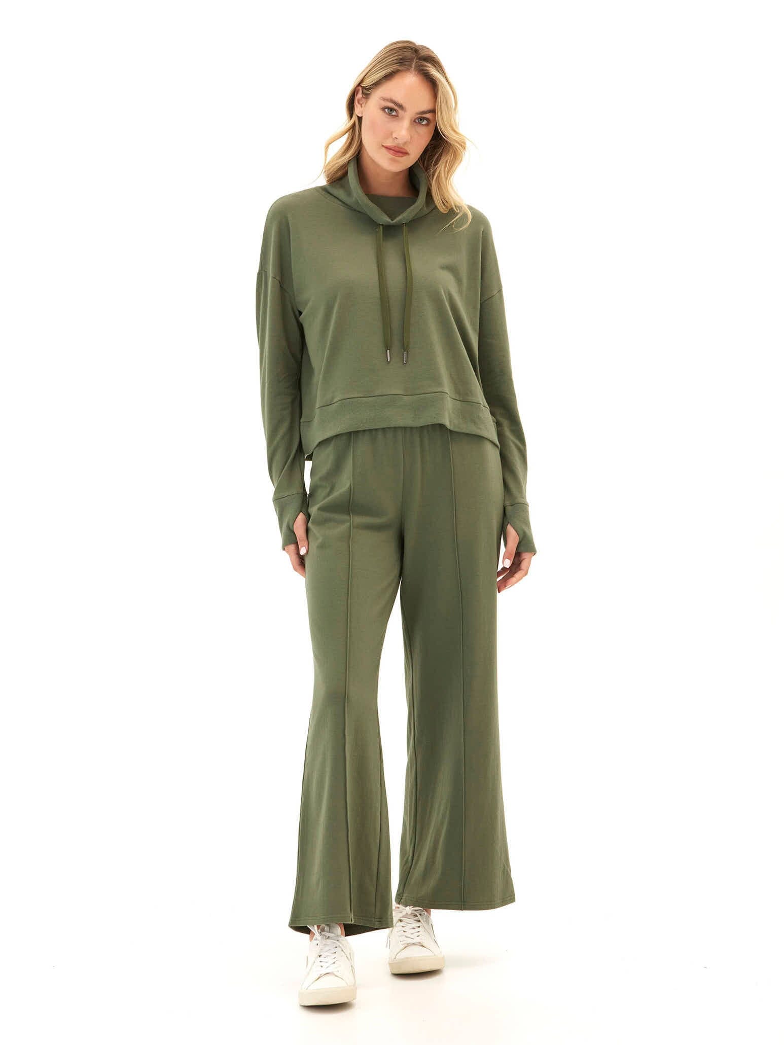 Cozy Fleece Rib Mix Wide Leg Pant with Elastic Waistband