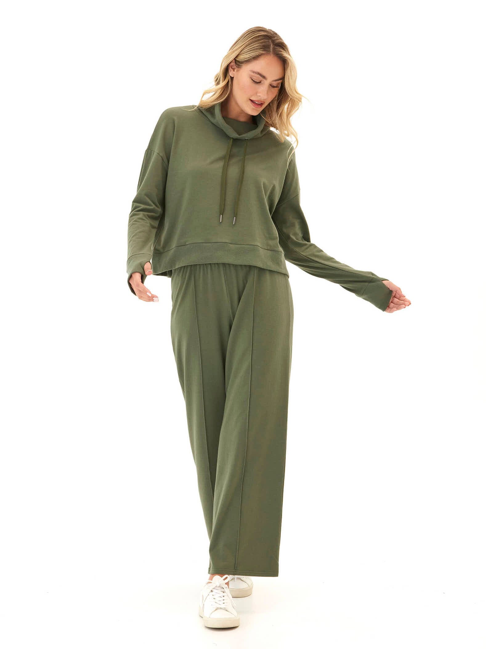 Shai Women's Olive Green Cozy Fleece Cowl Neck Pullover