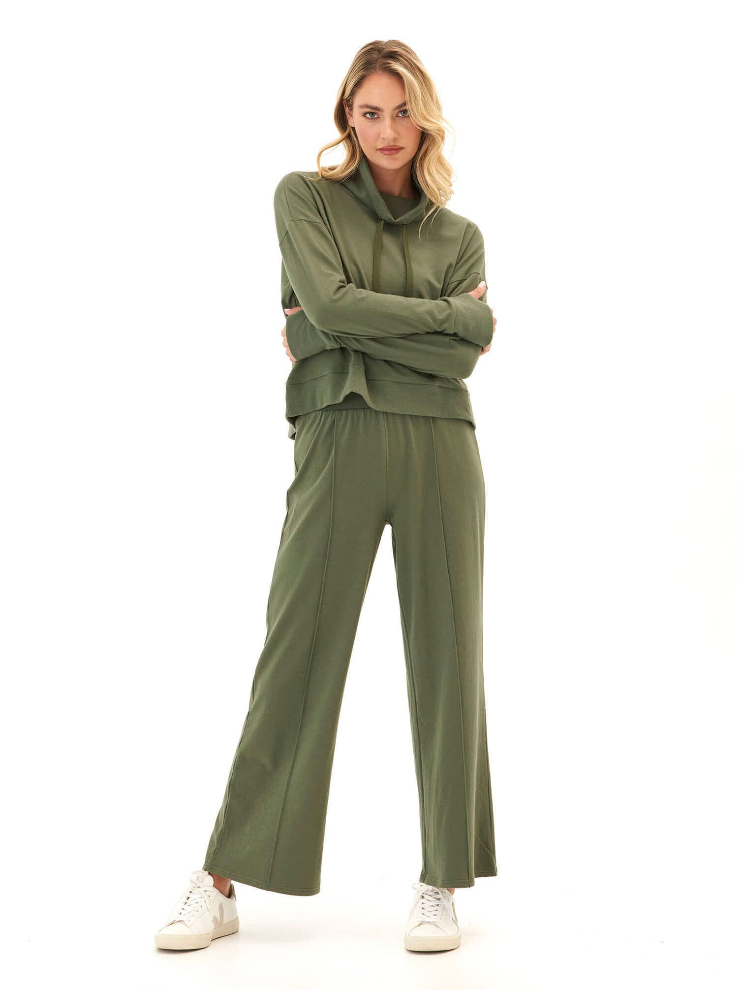Shai Women's Olive Green Cozy Fleece Cowl Neck Pullover