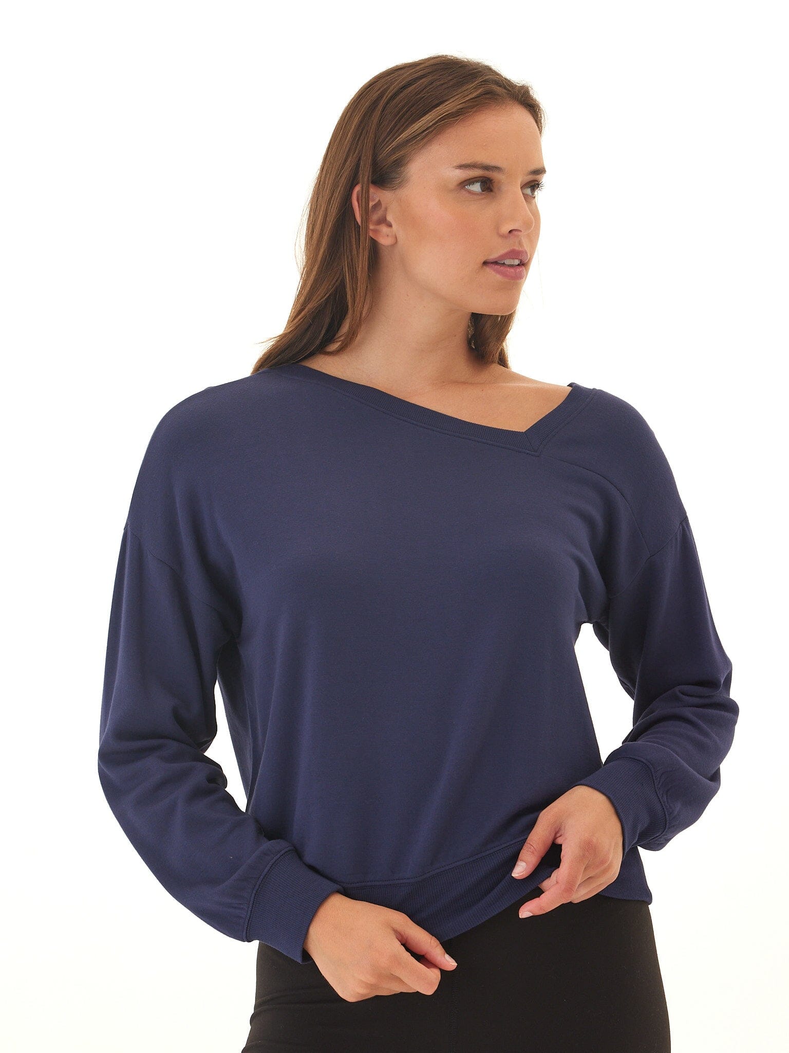Front view of Merida Feather Fleece Asymmetrical Pullover with off-shoulder neckline and ribbed hem.