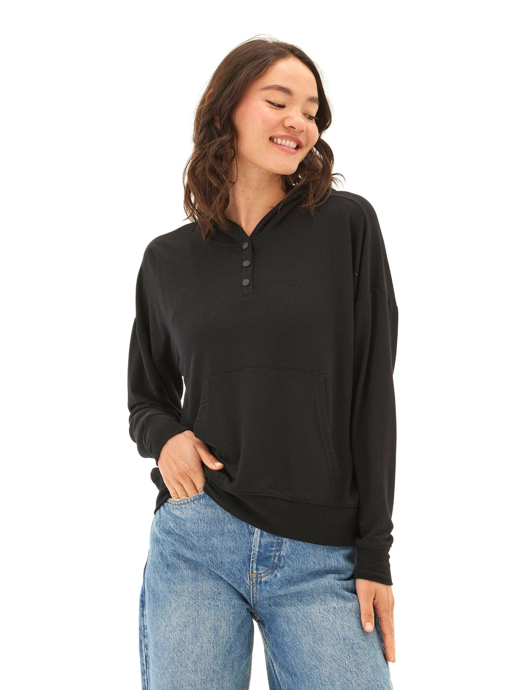 Close up of Diyanna Modal Terry Henley Hoodie featuring a relaxed fit and soft texture