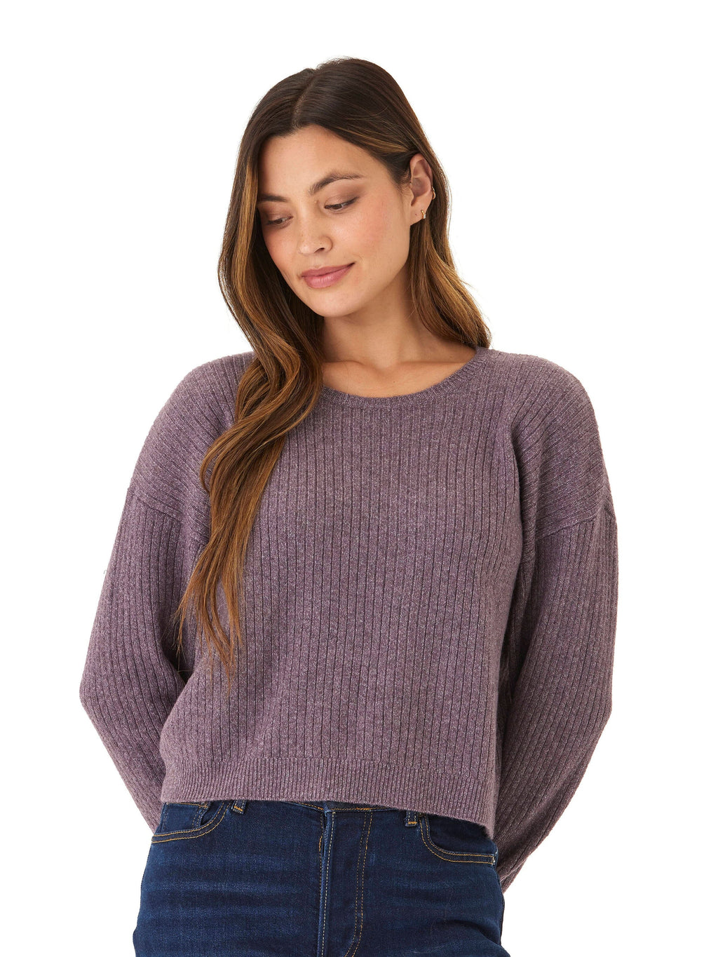 Yvonne Cozy Rib Pullover Sweater in soft heathered purple with crew neckline and long sleeves