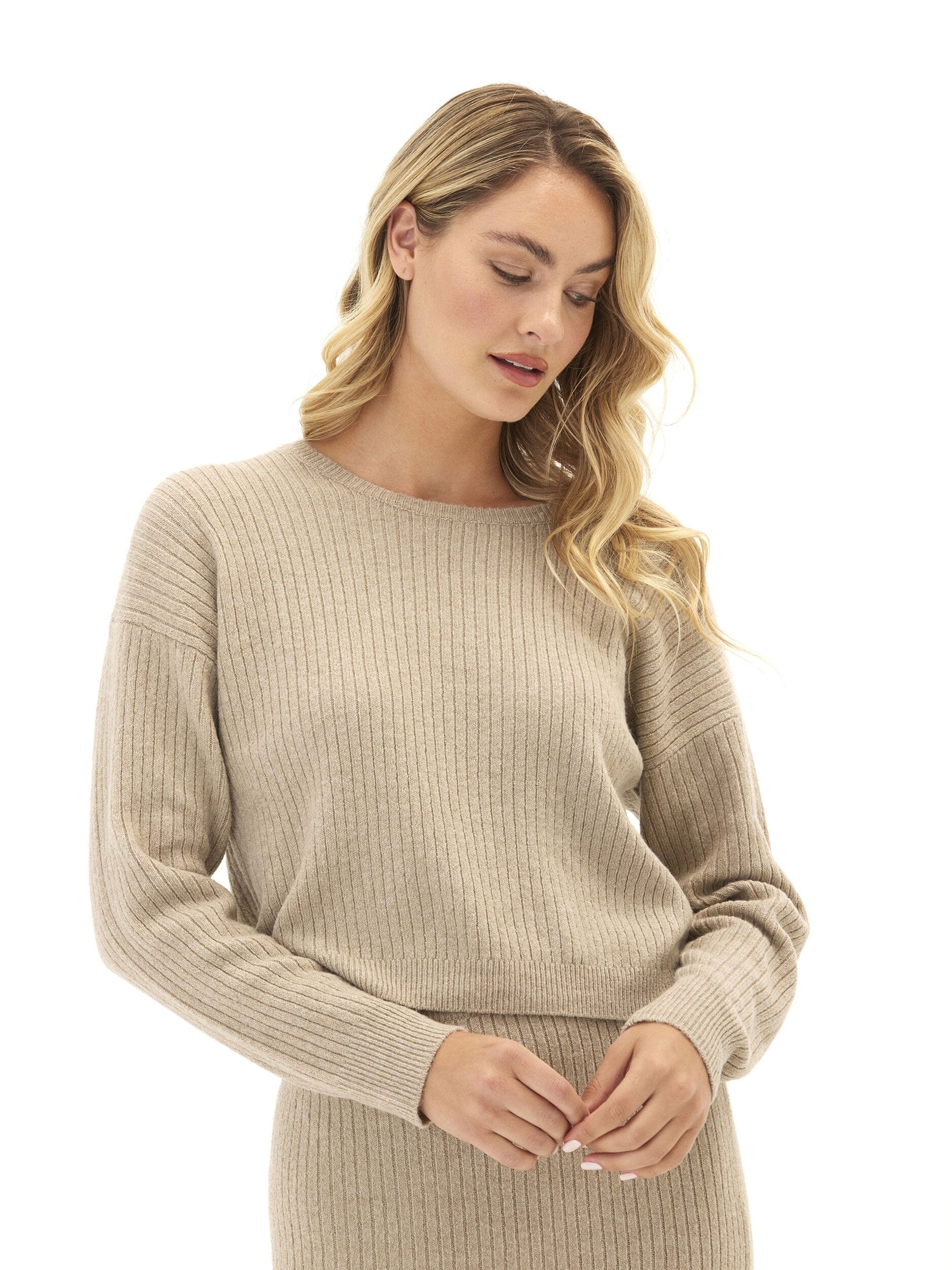 Yvonne Cozy Rib Pullover Sweater in taupe with ribbed detailing and a soft knit texture.