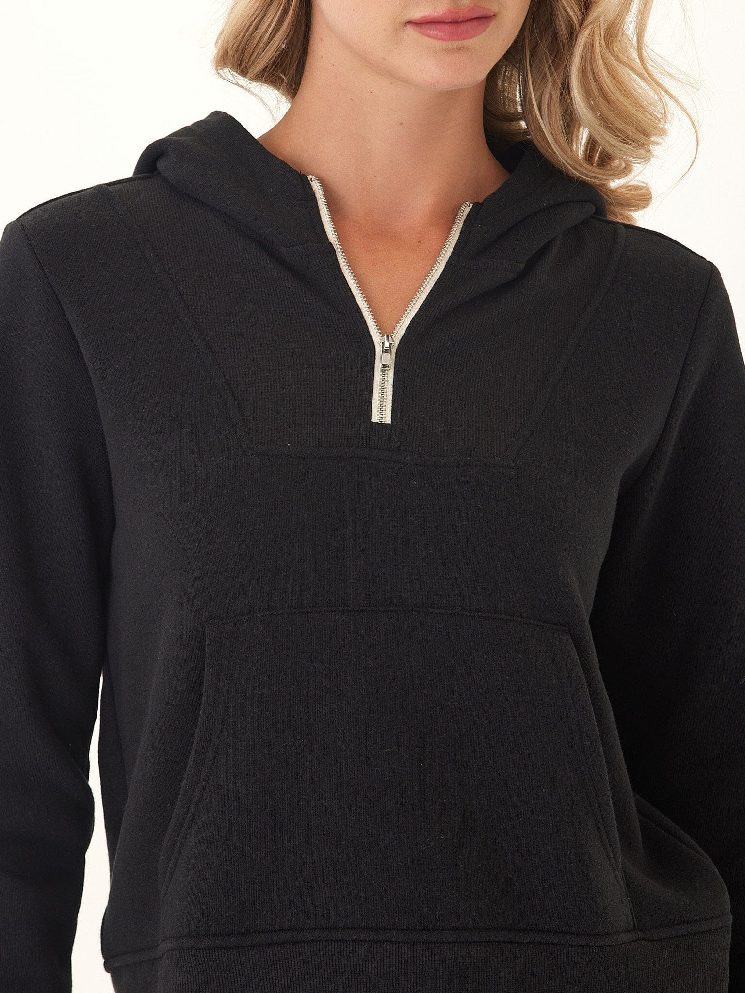 Black Tyra Triblend Fleece 1/4-zip hoodie with pockets and thumbhole details