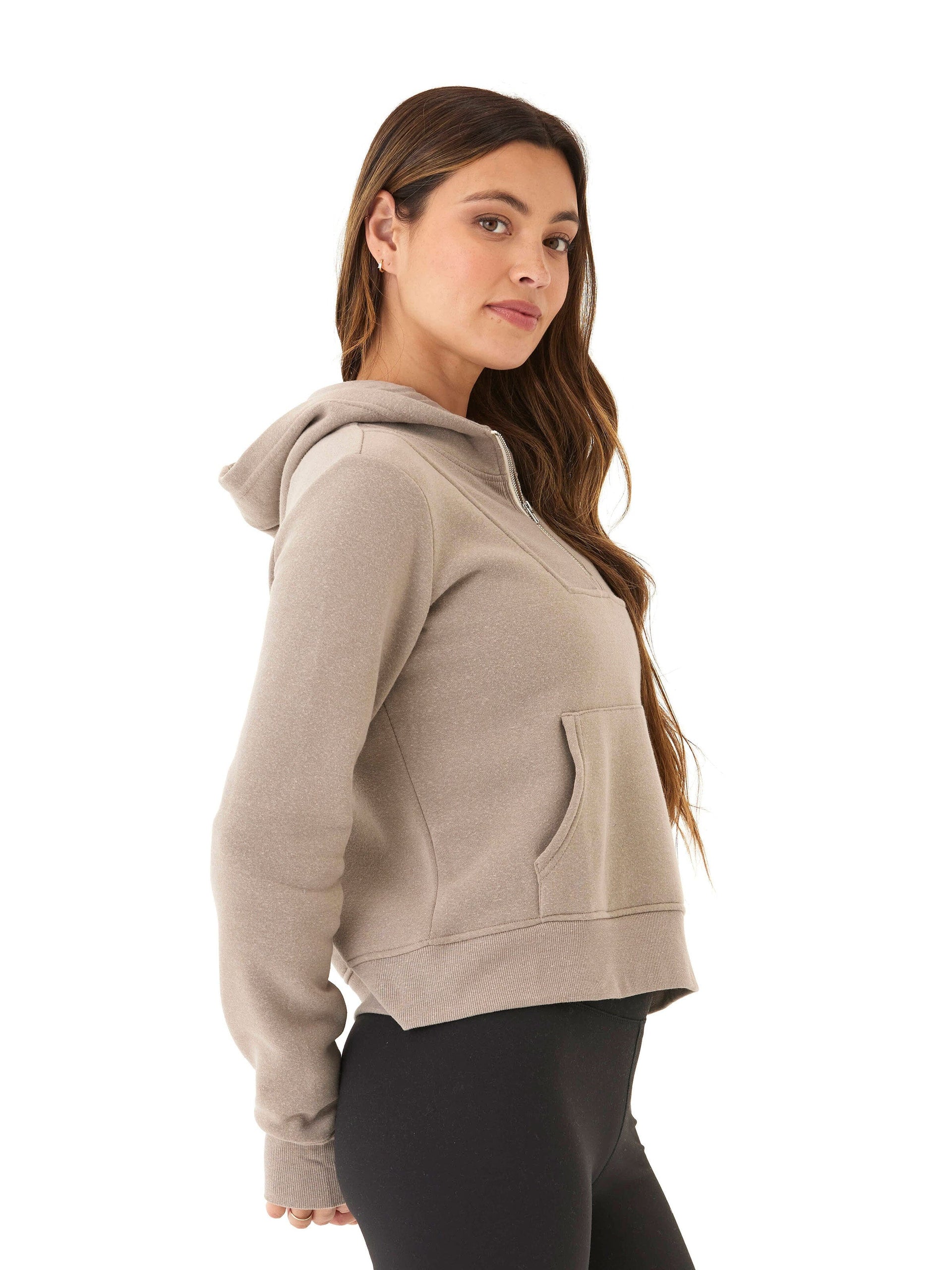 Tyra Triblend Fleece Quarter Zip Hoodie in Taupe and Beige