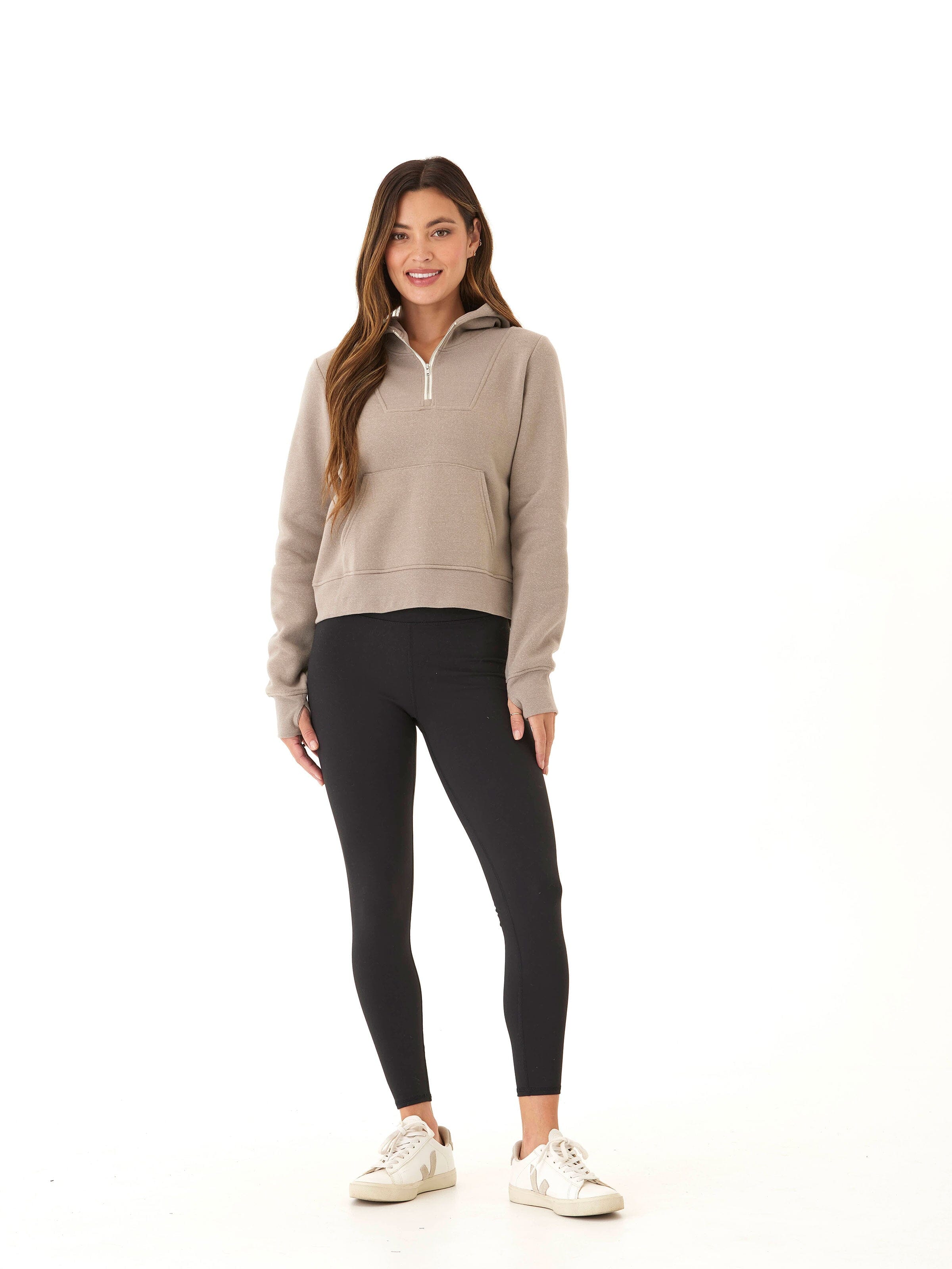 Tyra Triblend Fleece Quarter Zip Hoodie in Taupe and Beige