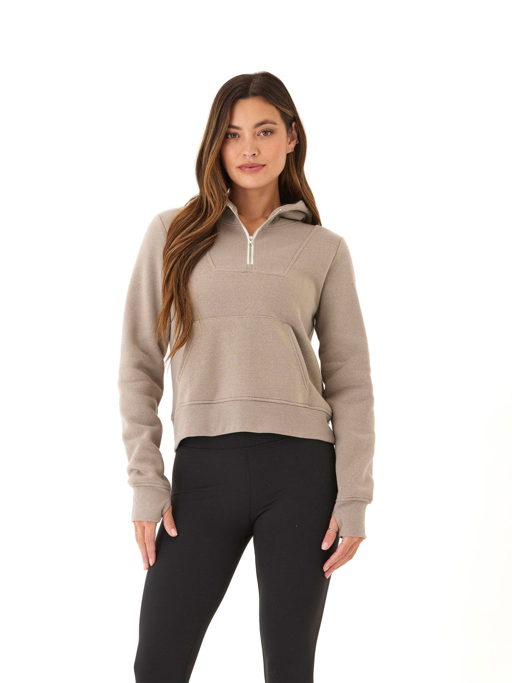Tyra Triblend Fleece Quarter Zip Hoodie in Taupe and Beige