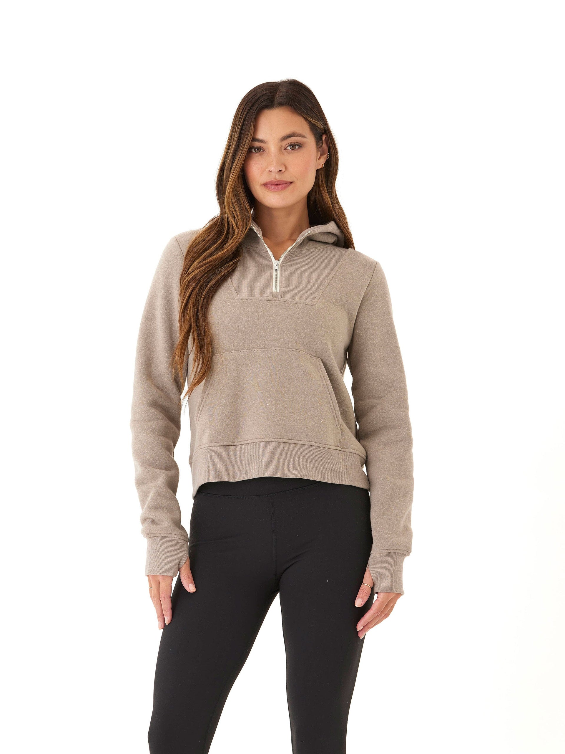 Tyra Triblend Fleece Quarter Zip Hoodie in Taupe and Beige