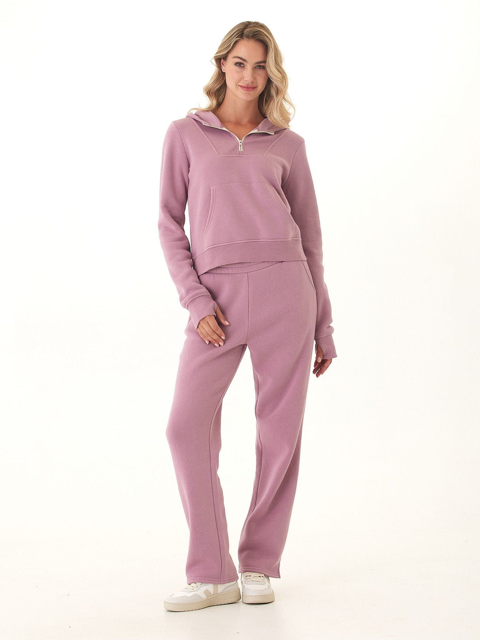 Tyra Triblend Fleece 1/4-Zip Hoodie in Mauve and Dusty-Rose