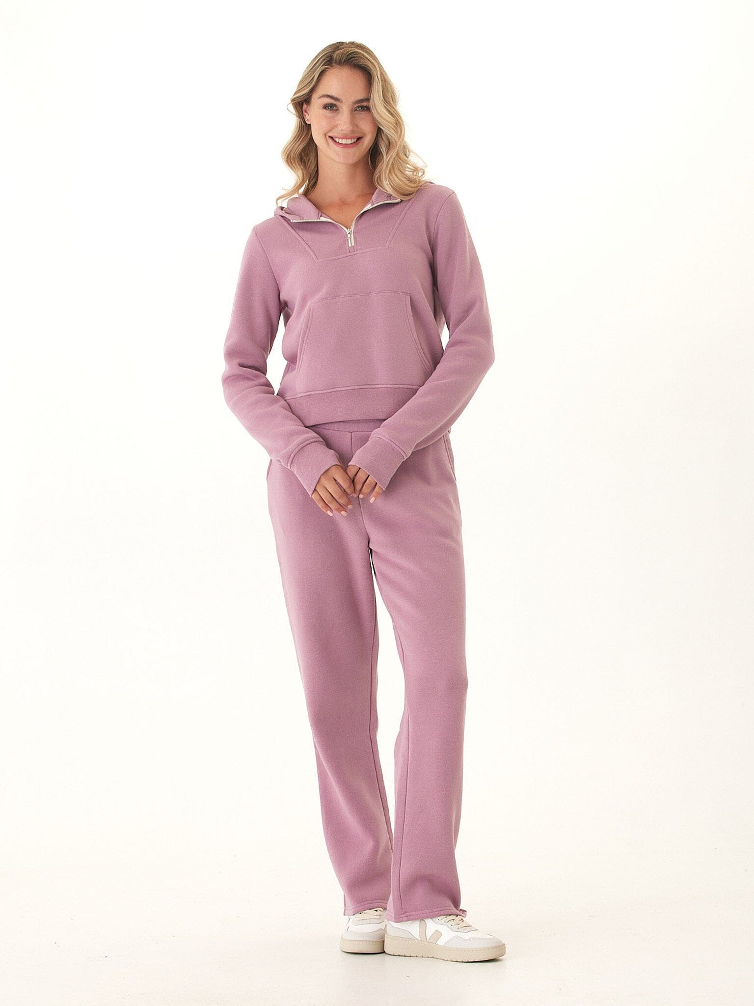 Tyra Triblend Fleece 1/4-Zip Hoodie in Mauve and Dusty-Rose