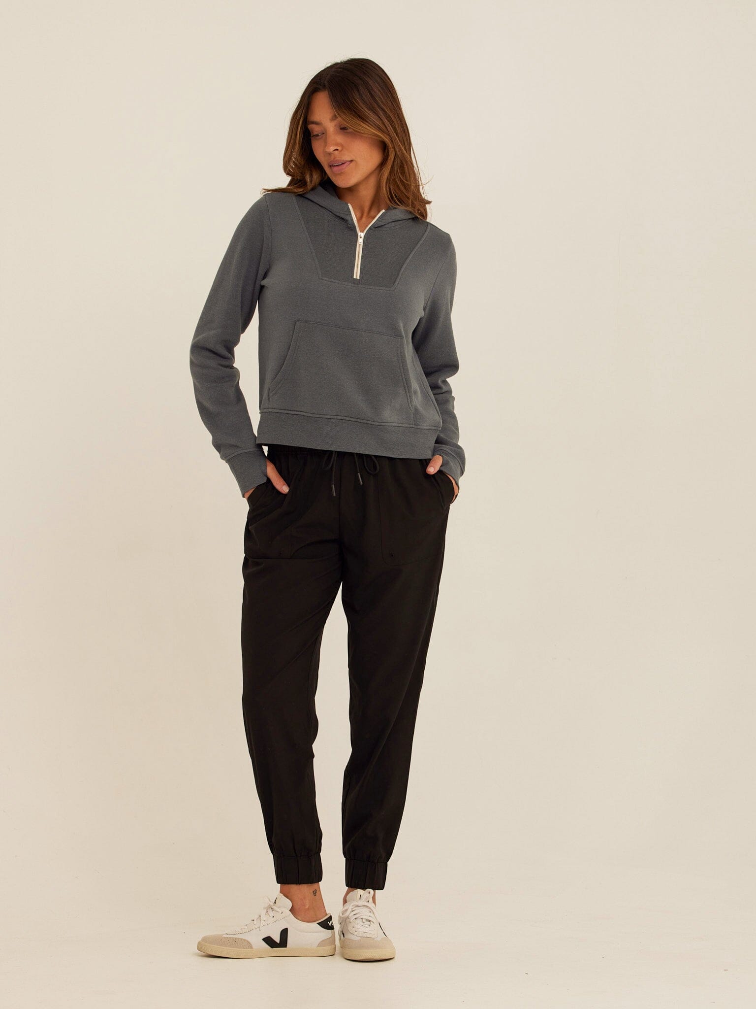 Tyra Triblend Fleece 1/4-Zip Hoodie in Charcoal Grey