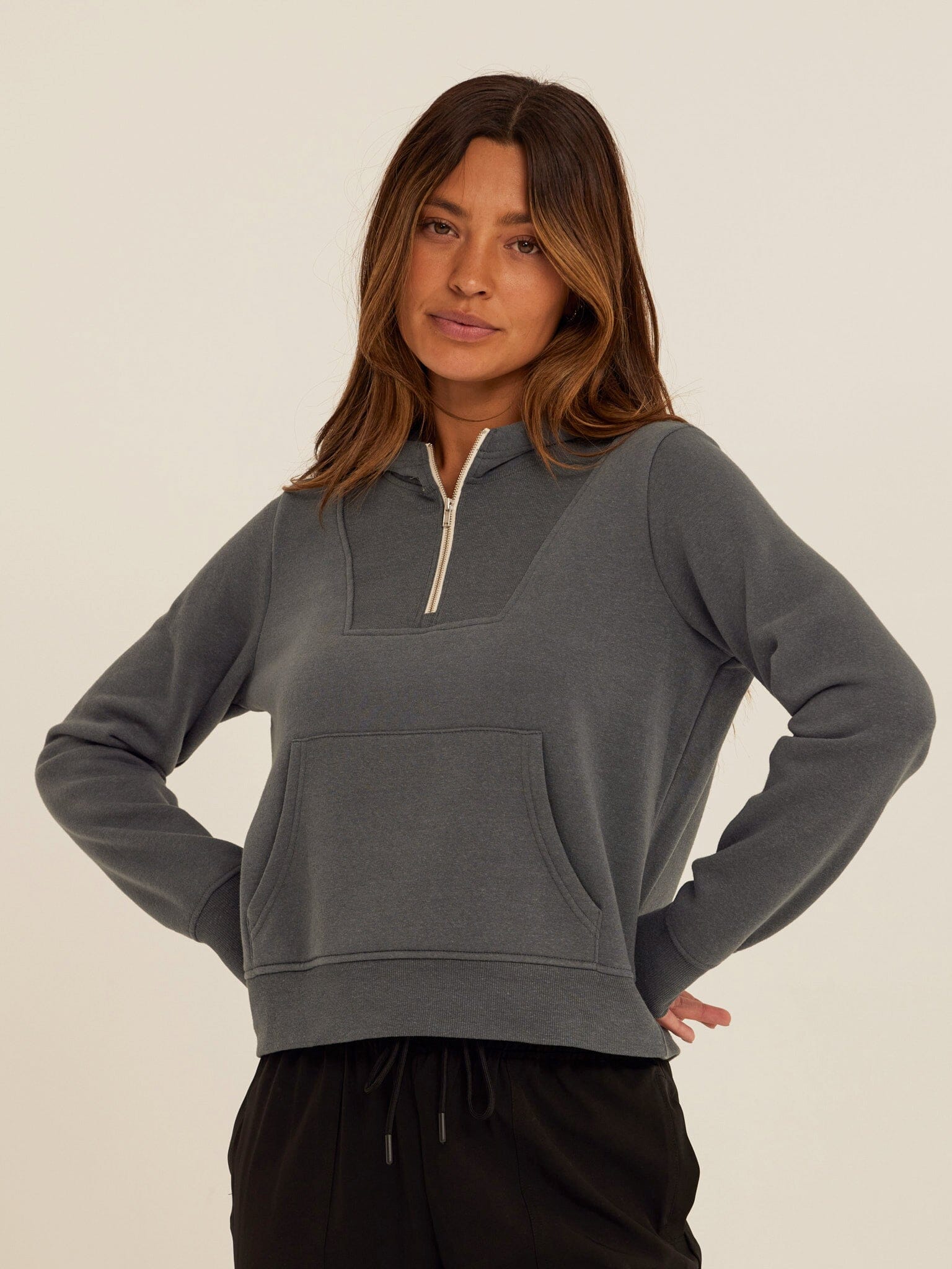Tyra Triblend Fleece 1/4-Zip Hoodie in Charcoal Grey