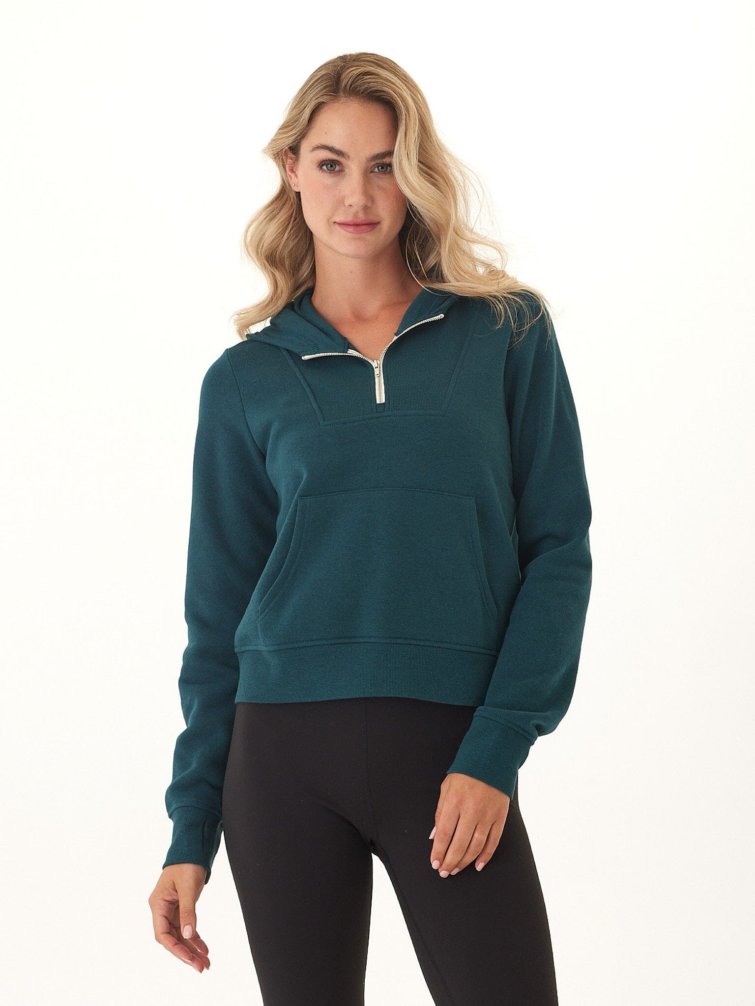 Tyra Triblend Fleece Quarter Zip Hoodie in Teal or Dark-Green