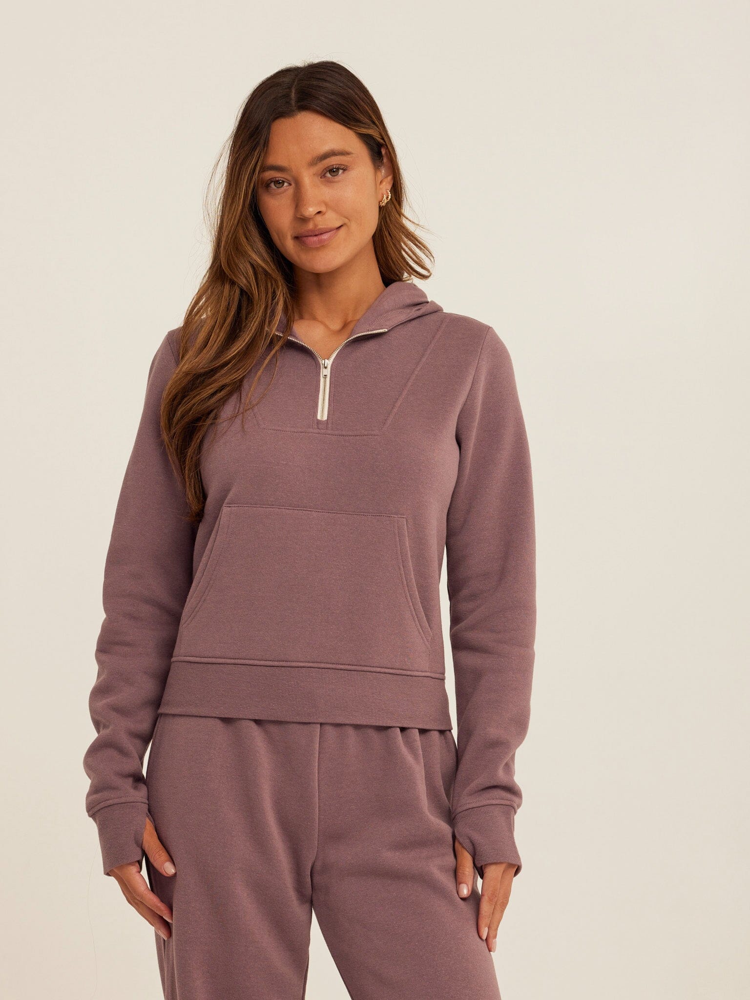 Tyra Triblend Fleece Quarter Zip Hoodie in Mauve and Dusty-Purple