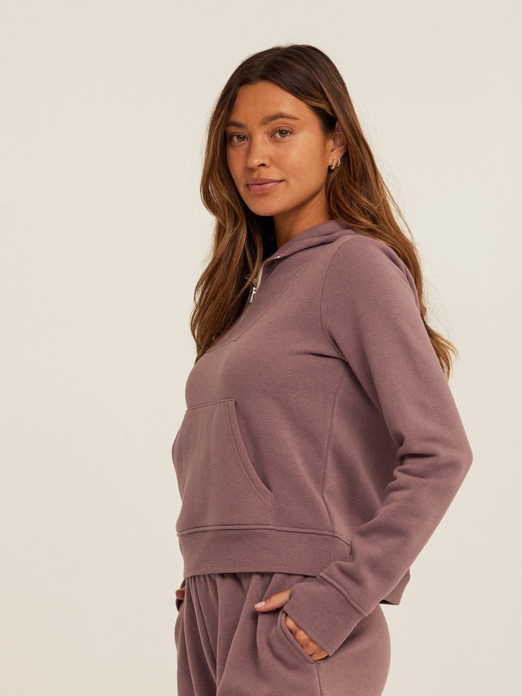 Tyra Triblend Fleece Quarter Zip Hoodie in Mauve and Dusty-Purple