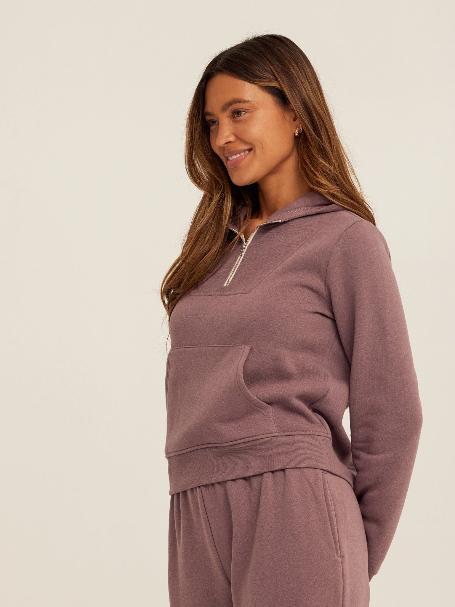 Tyra Triblend Fleece Quarter Zip Hoodie in Mauve and Dusty-Purple