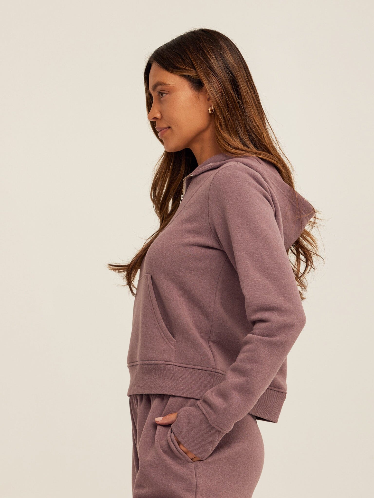 Tyra Triblend Fleece Quarter Zip Hoodie in Mauve and Dusty-Purple