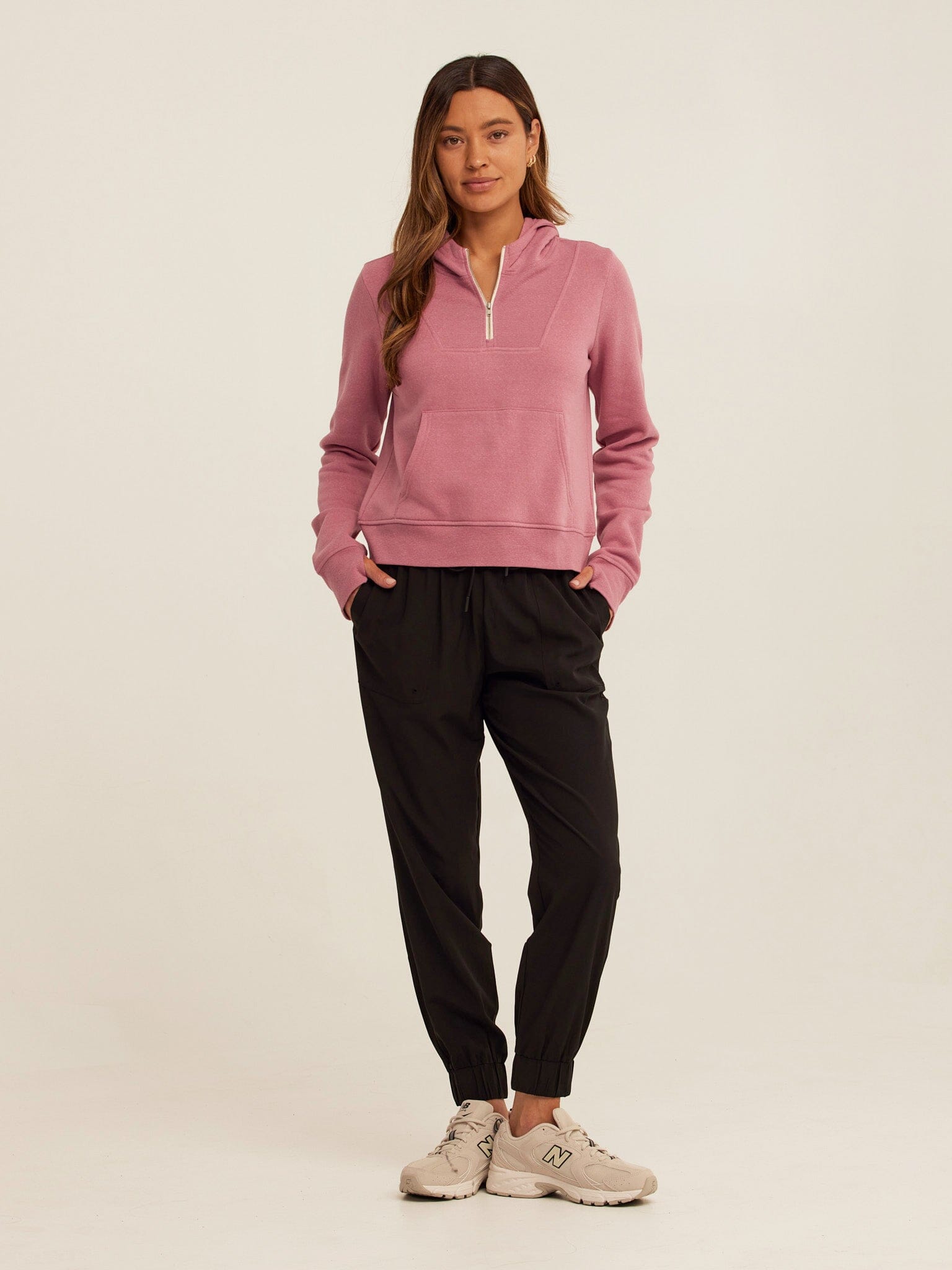 Tyra Women's Quarter Zip Hoodie in Mauve and White