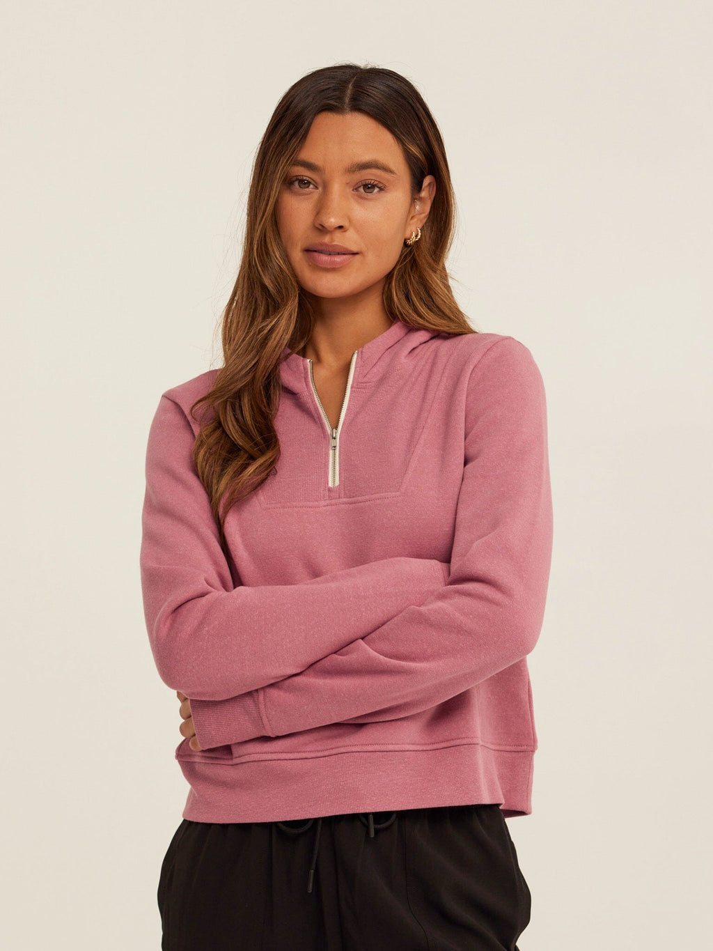 Tyra Women's Quarter Zip Hoodie in Mauve and White