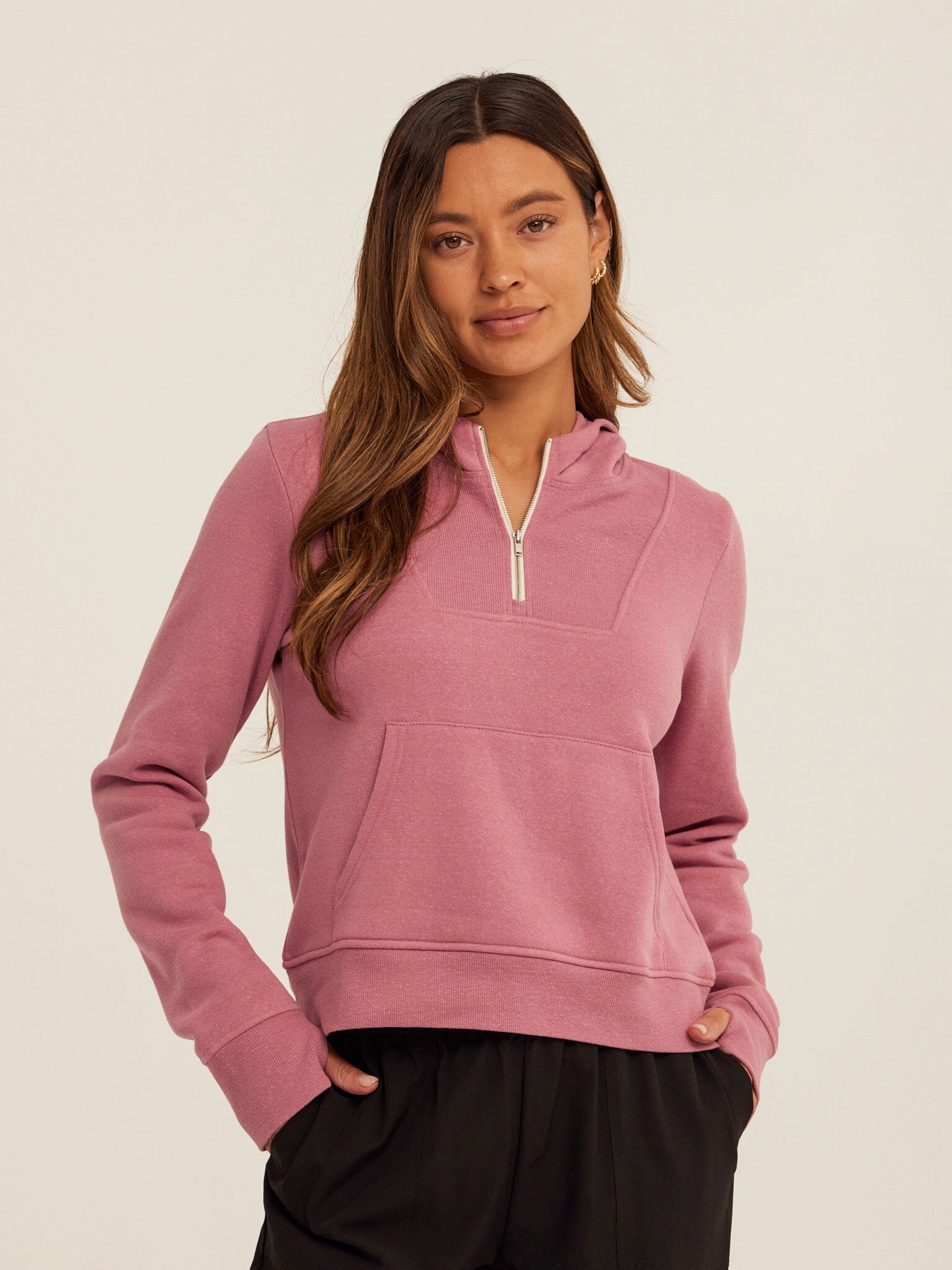 Tyra Women's Quarter Zip Hoodie in Mauve and White