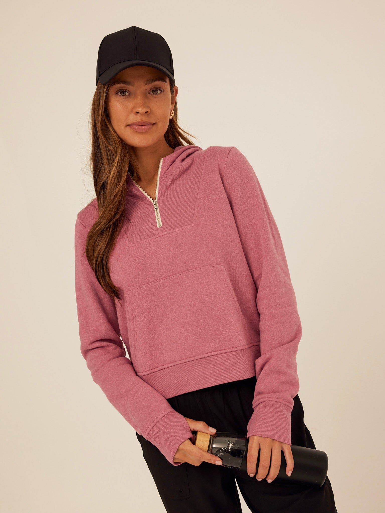 Tyra Women's Quarter Zip Hoodie in Mauve and White