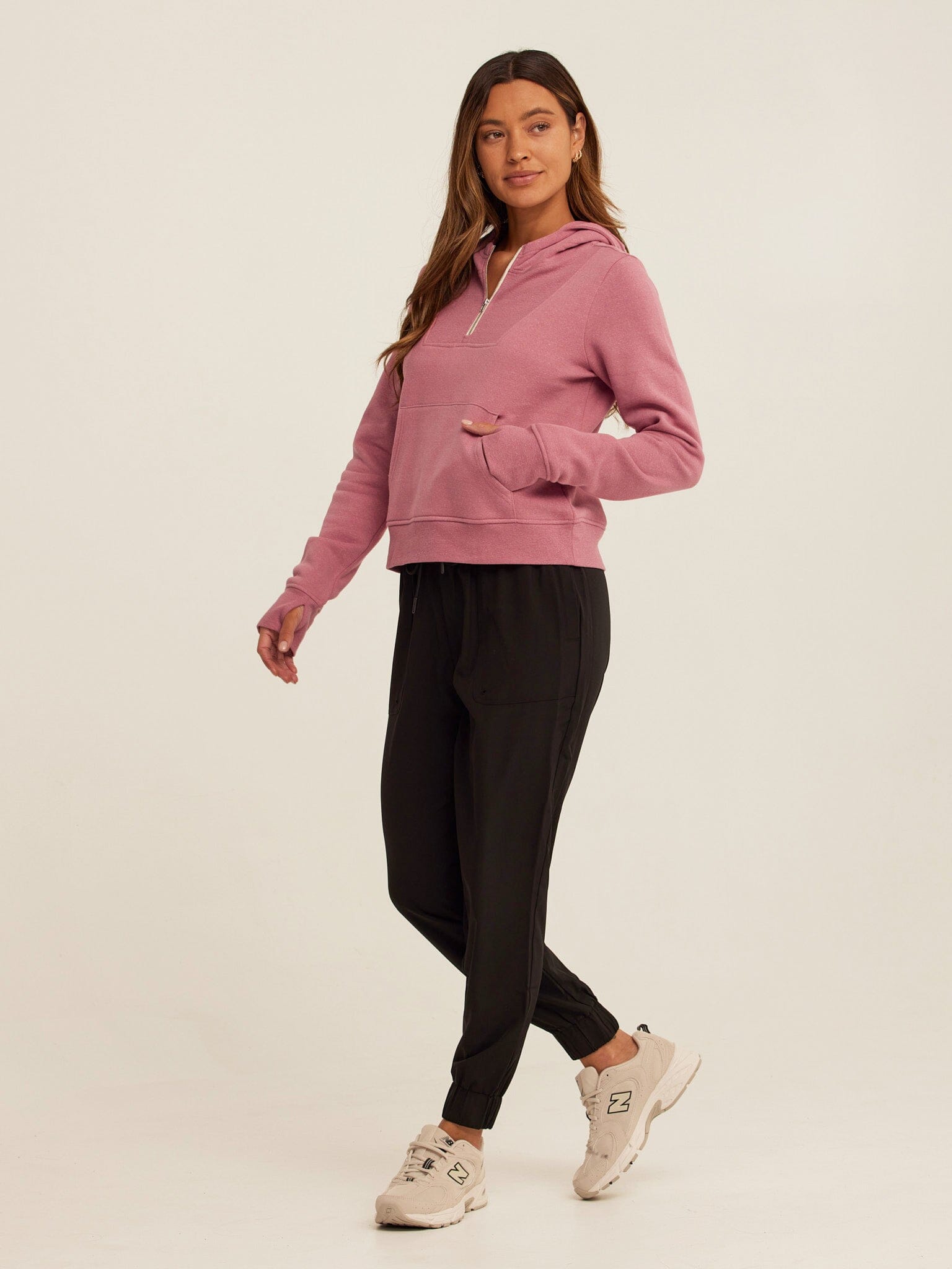 Tyra Women's Quarter Zip Hoodie in Mauve and White