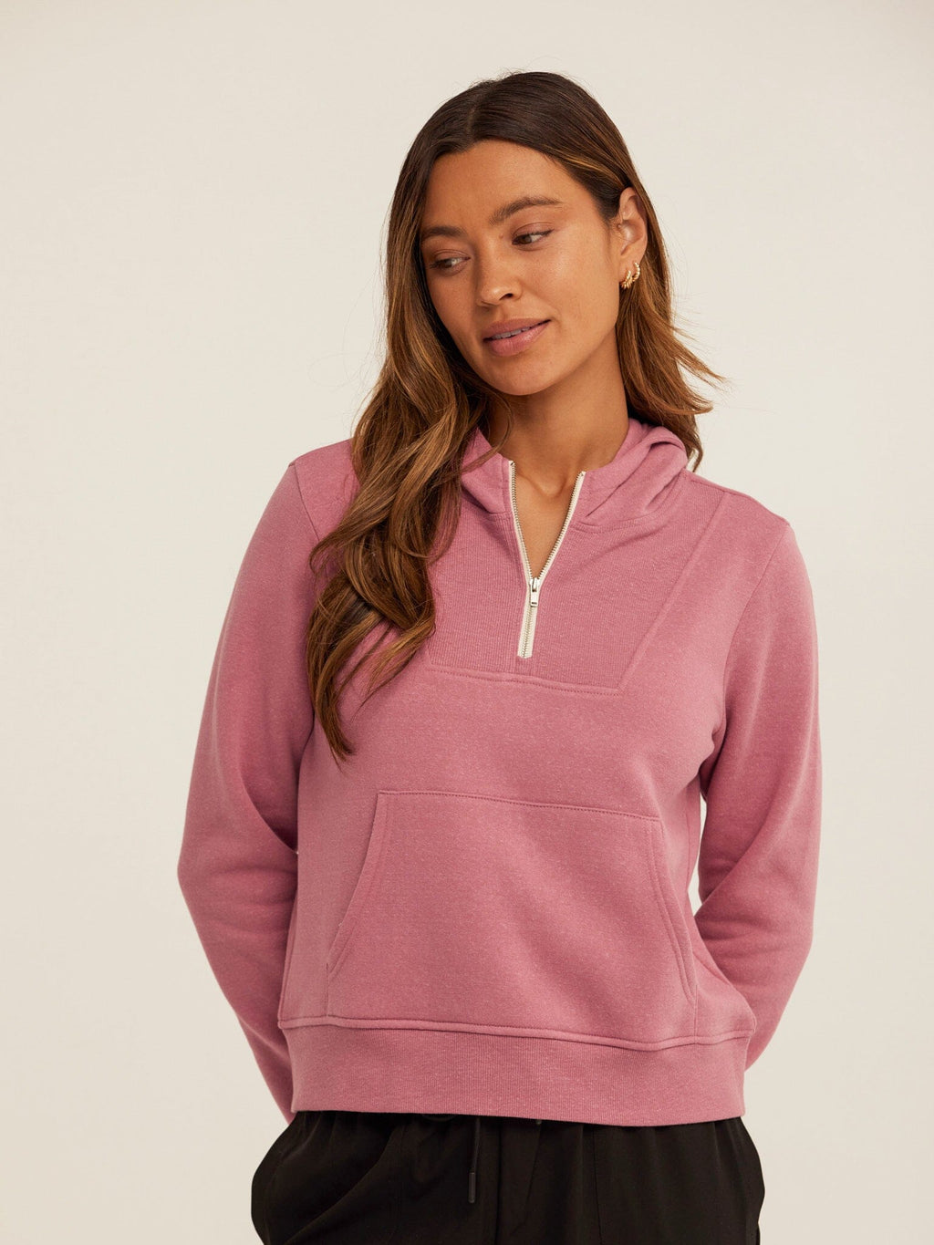 Tyra Women's Quarter Zip Hoodie in Mauve and White