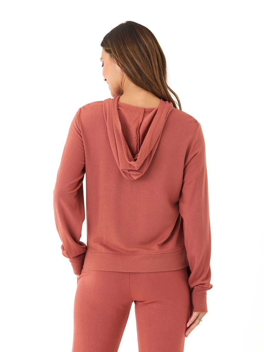 Natia Feather Fleece 1/4-Zip Hoodie in Rust and Terracotta