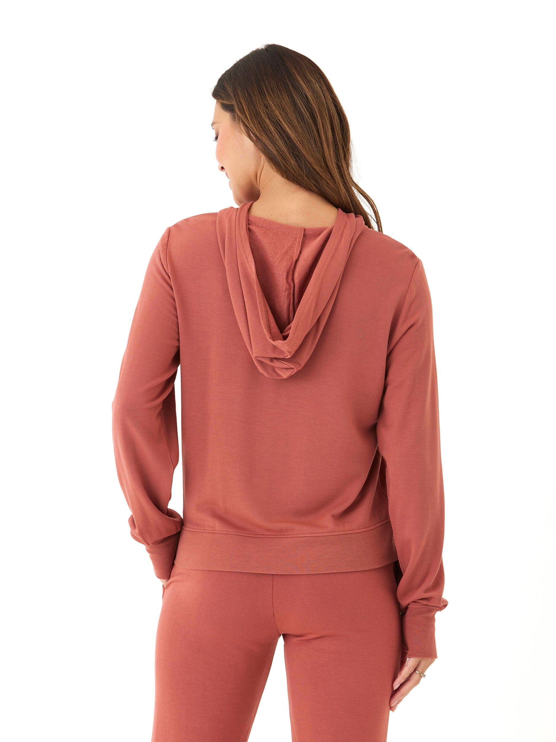 Natia Feather Fleece 1/4-Zip Hoodie in Rust and Terracotta