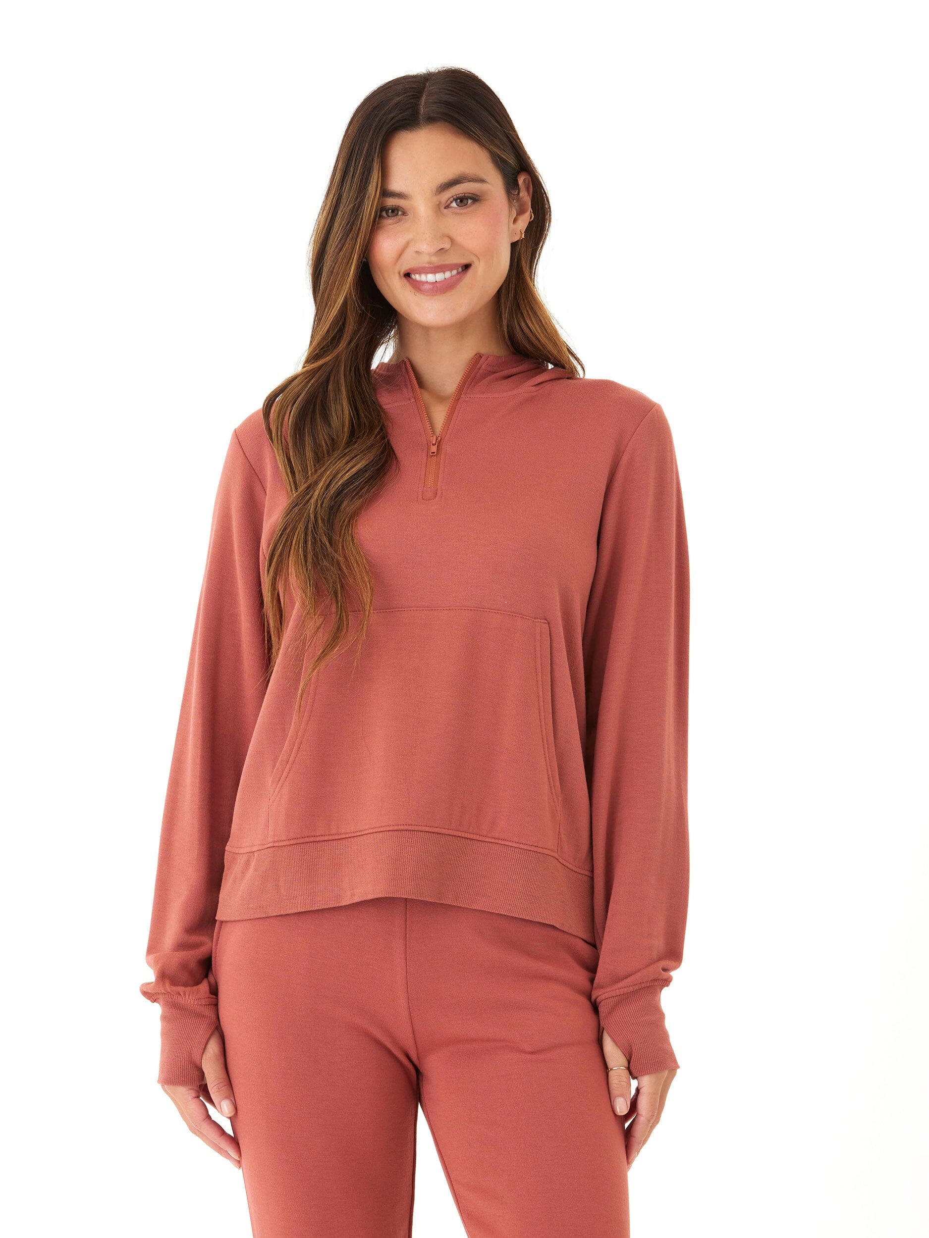 Natia Feather Fleece 1/4-Zip Hoodie in Rust and Terracotta
