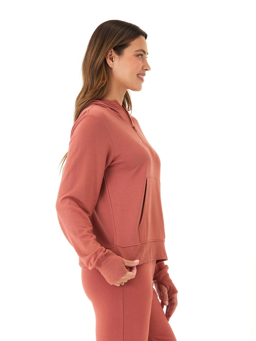 Natia Feather Fleece 1/4-Zip Hoodie in Rust and Terracotta
