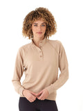 Beige Candace Modal Terry pullover with button-up mock neck and raglan sleeves.