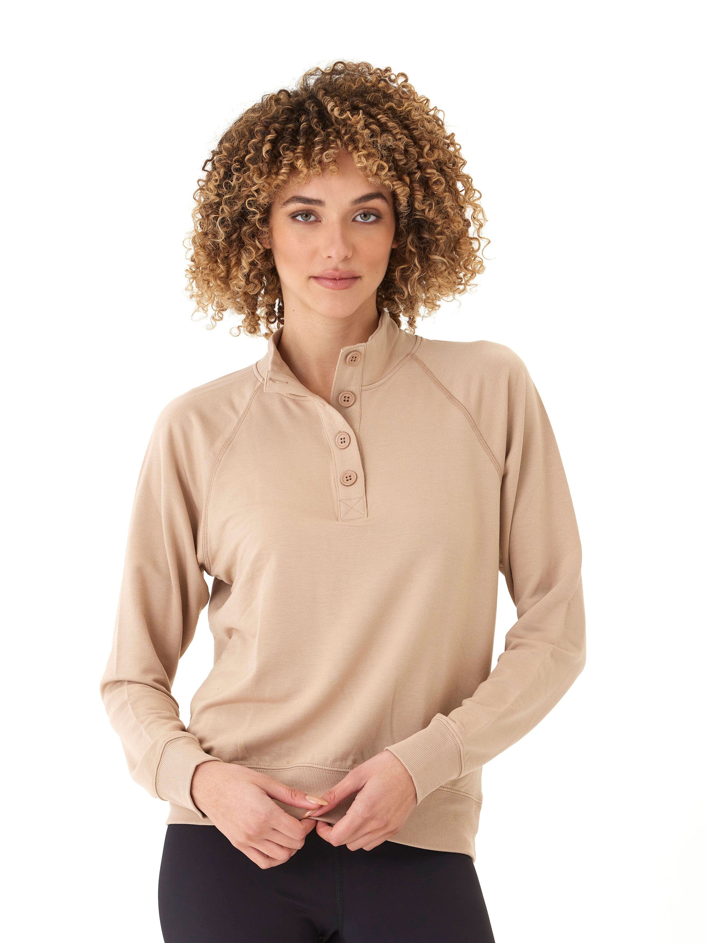 Beige Candace Modal Terry pullover with button-up mock neck and raglan sleeves.
