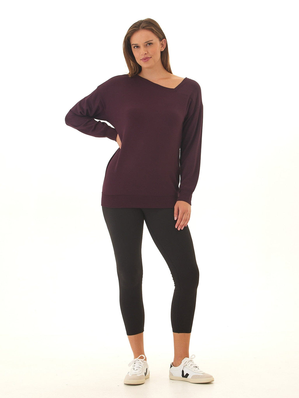 Women's Feather Fleece Asymmetrical Tunic in Deep Plum & Eggplant