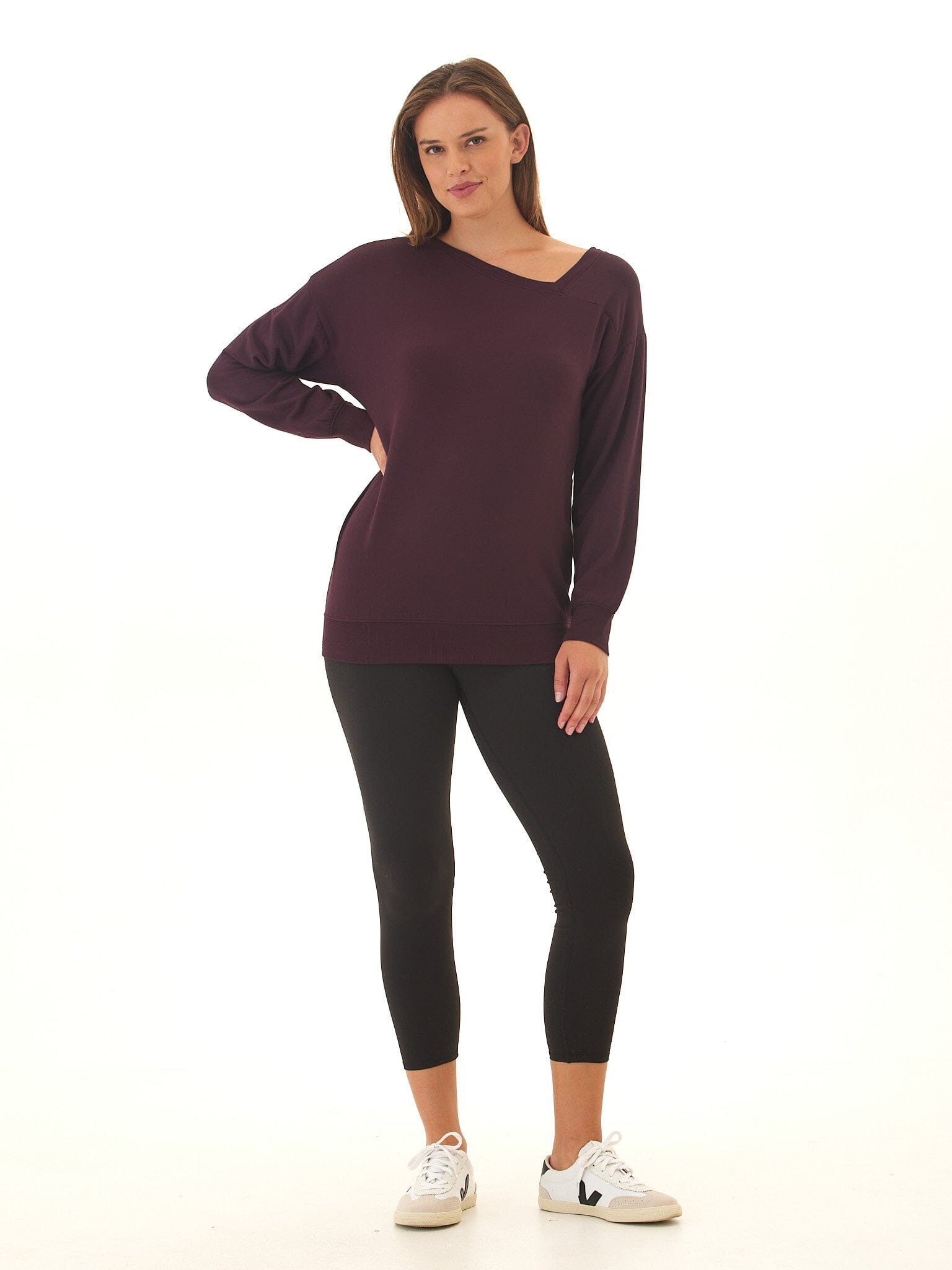 Women's Feather Fleece Asymmetrical Tunic in Deep Plum & Eggplant